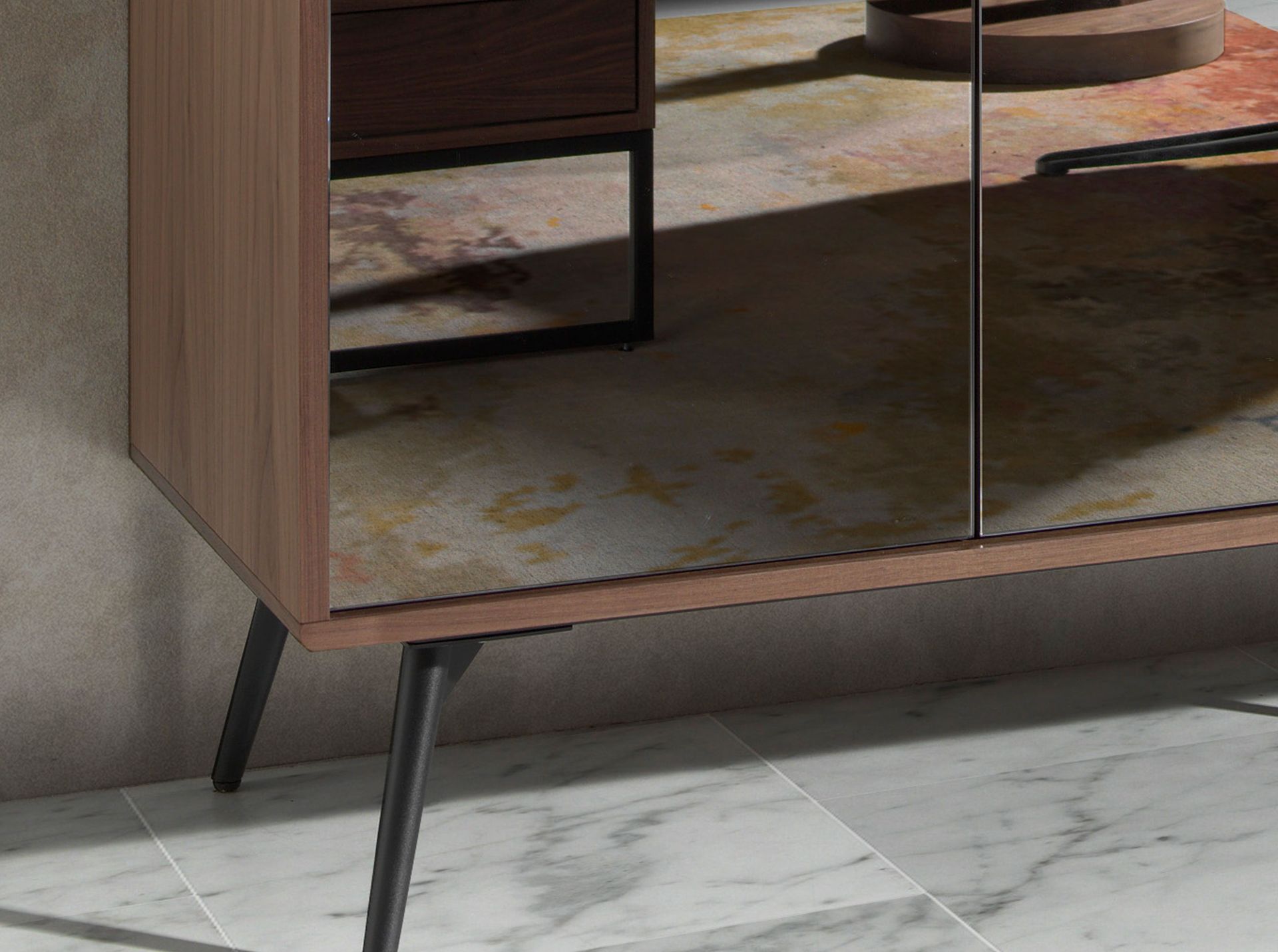Black mirror effect glass, walnut and black steel sideboard