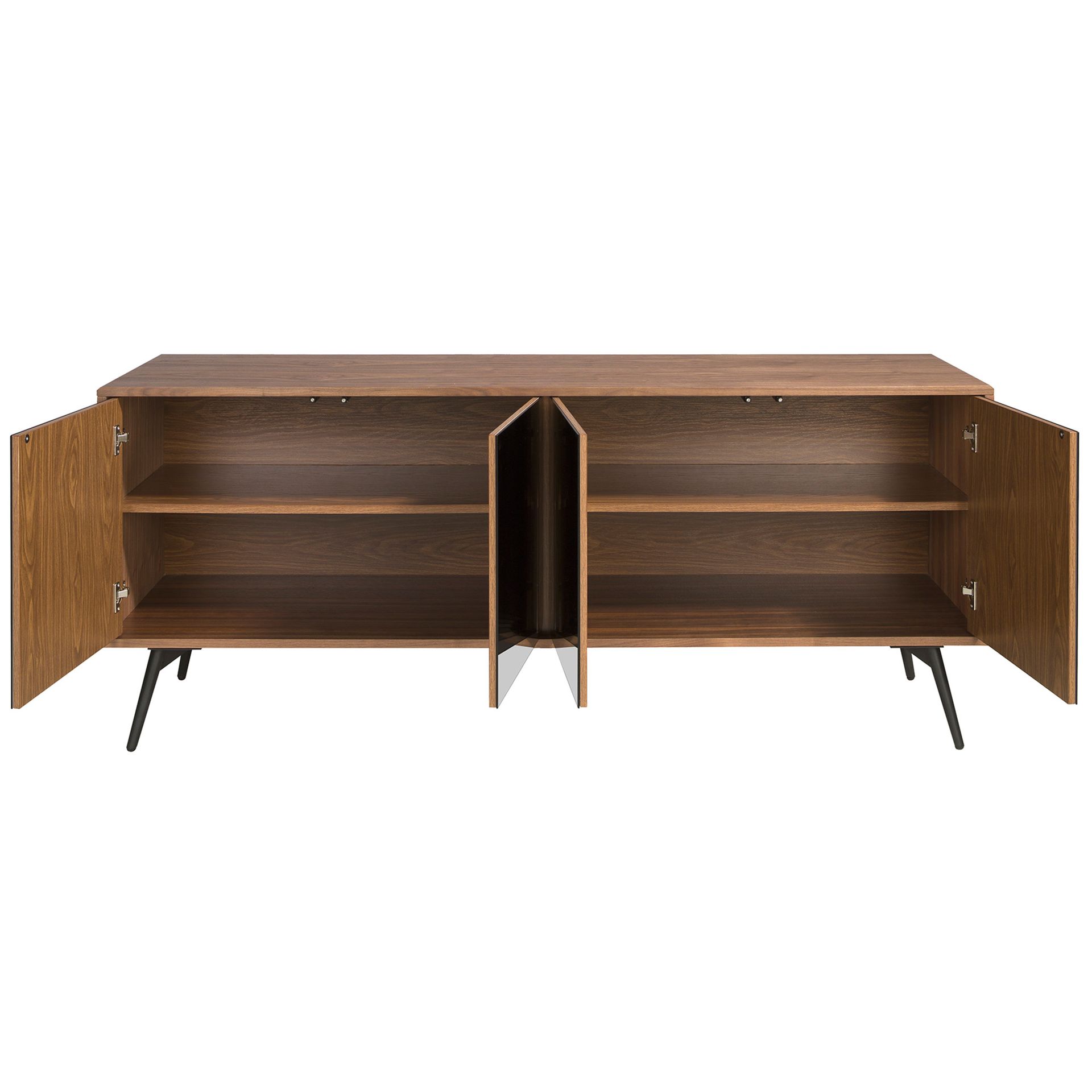 Black mirror effect glass, walnut and black steel sideboard