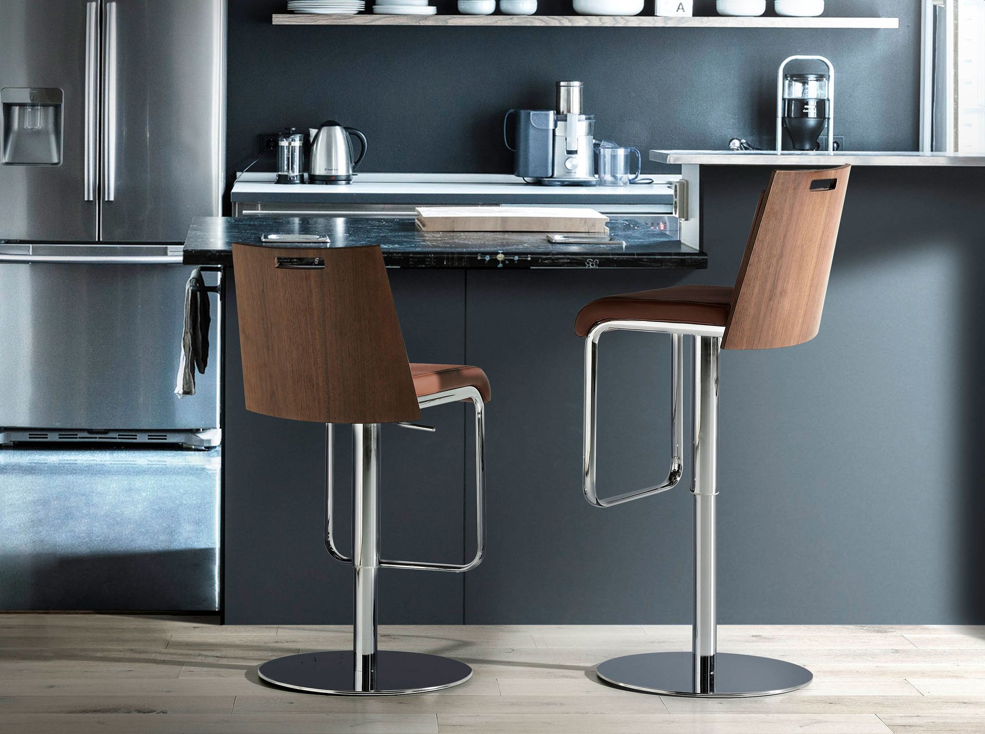 Brown and walnut leatherette swivel stool