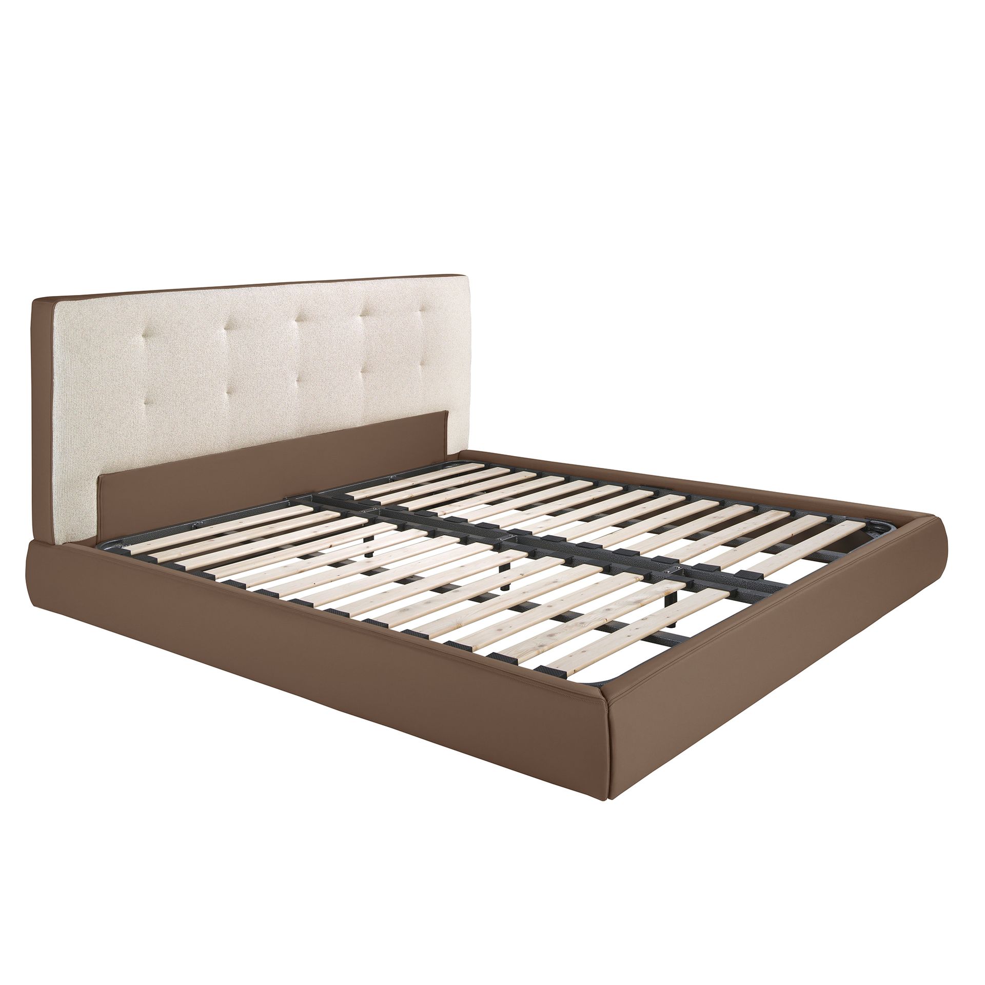 Brown fabric and brown leatherette  upholstered bed
