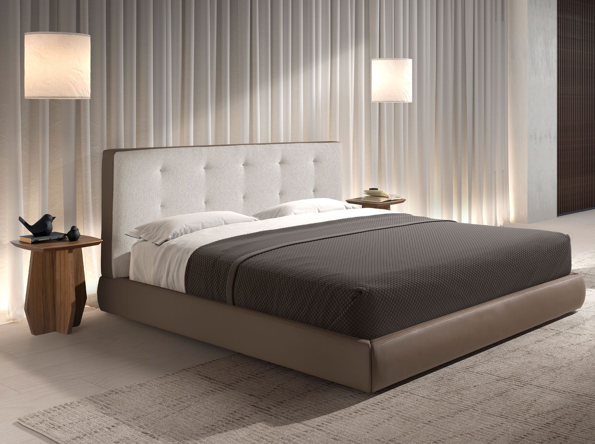 Brown fabric and brown leatherette  upholstered bed