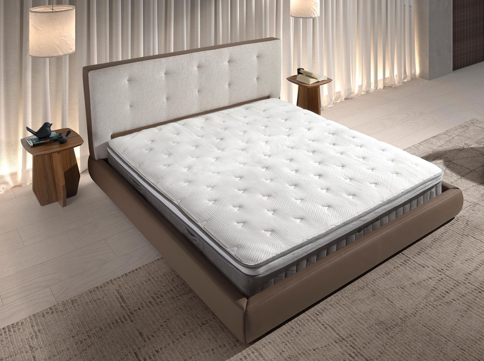 Brown fabric and brown leatherette  upholstered bed