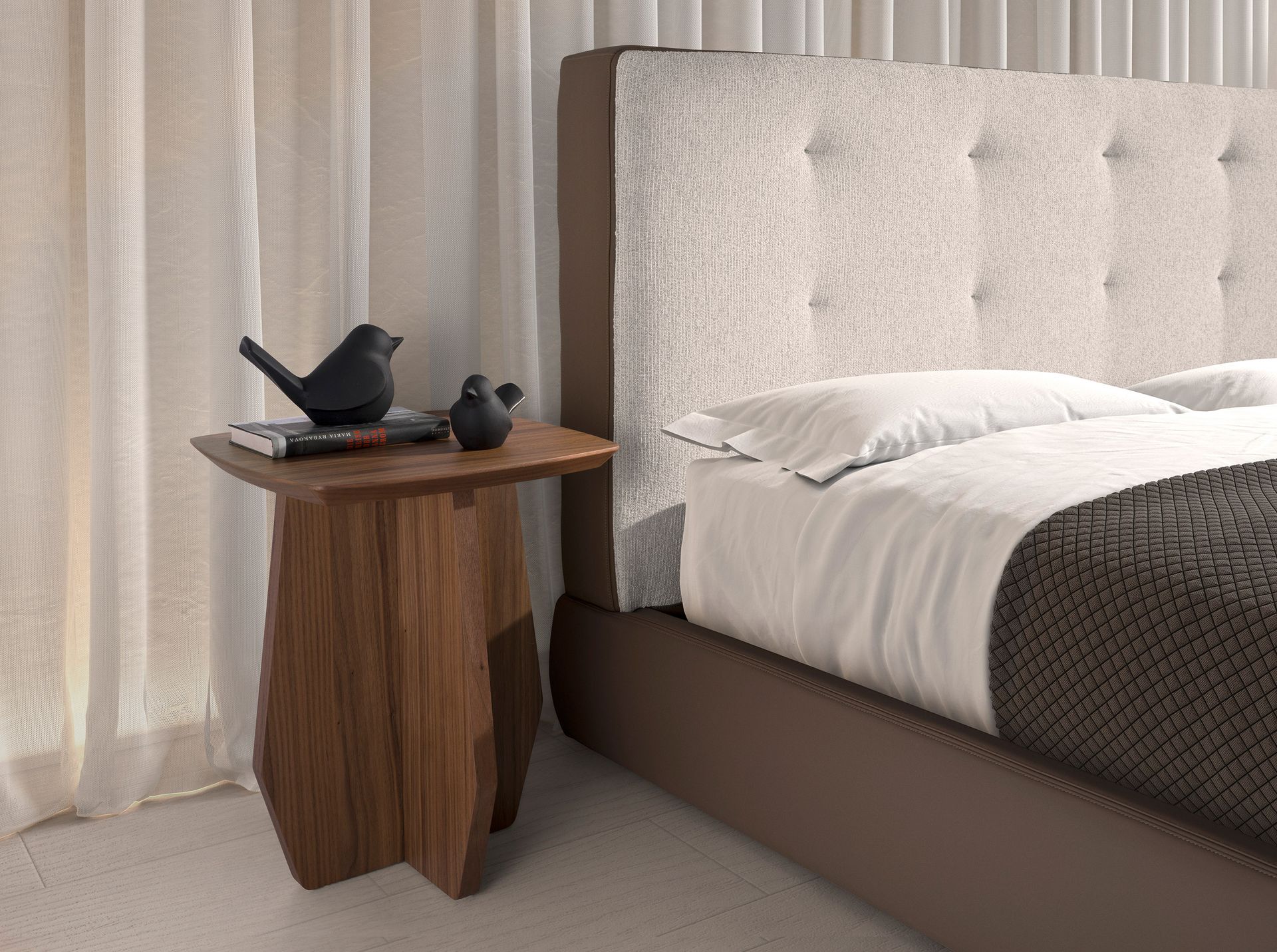 Brown fabric and brown leatherette  upholstered bed