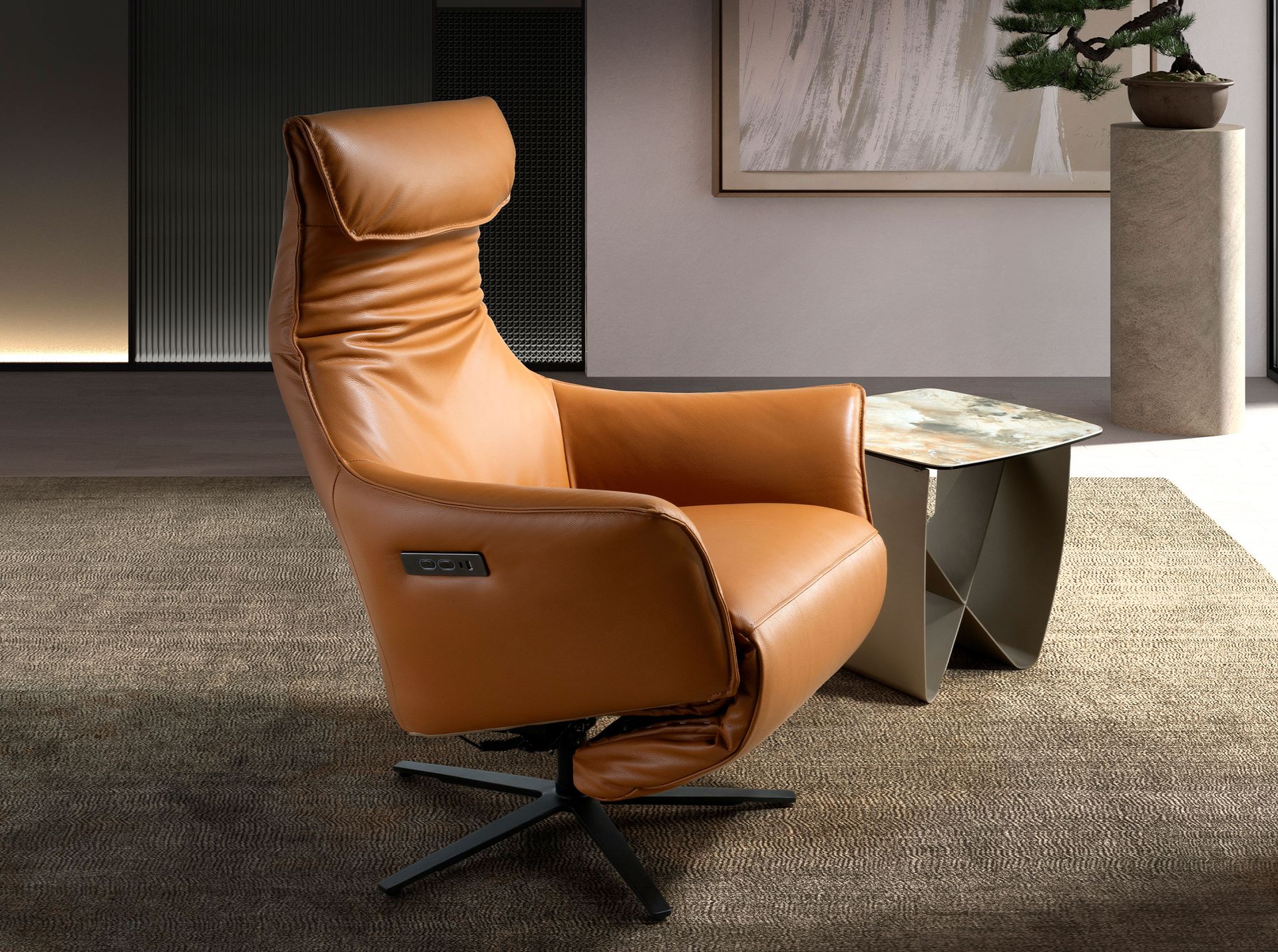 Brown leather swivel armchair