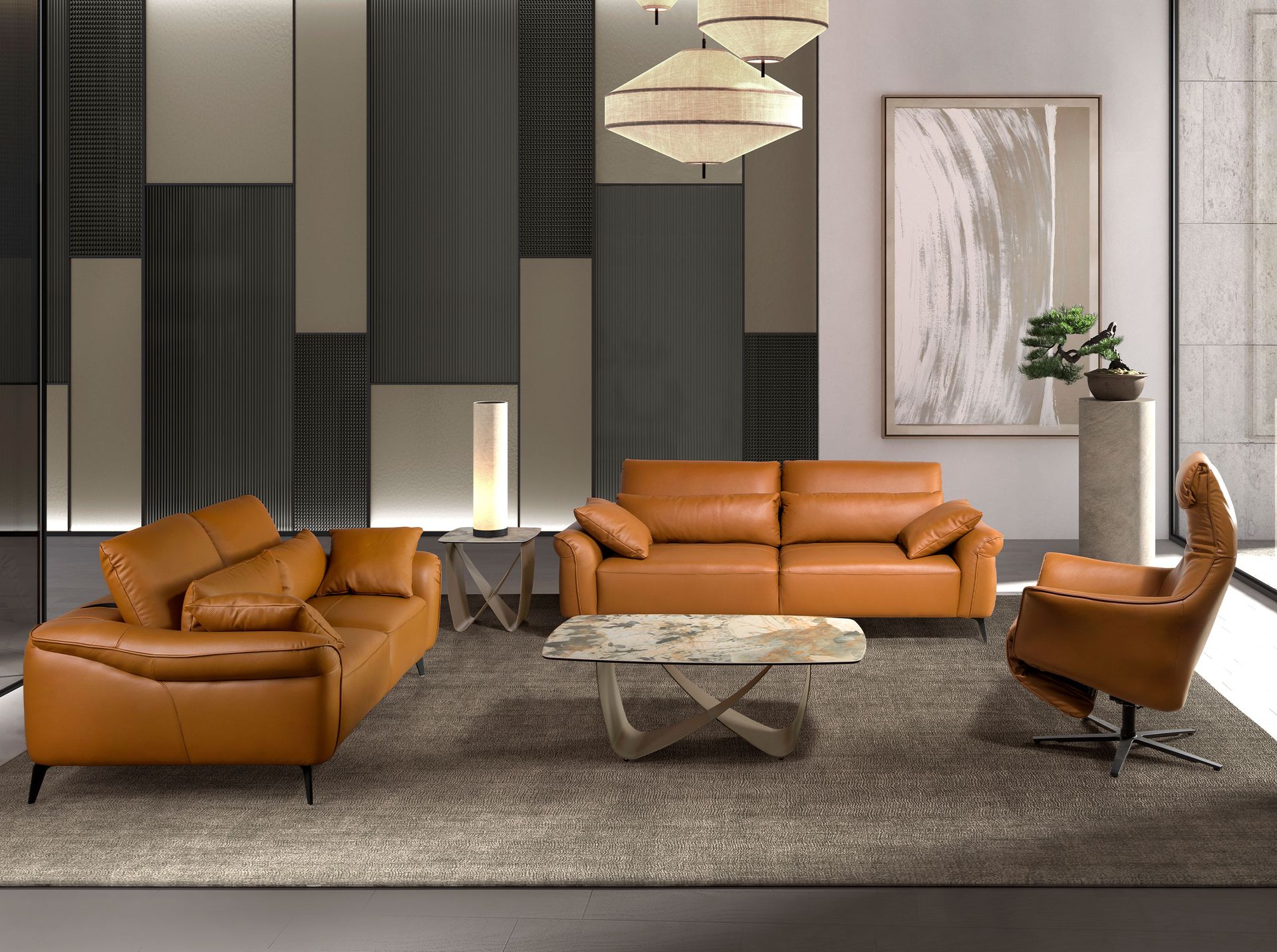 Brown leather swivel armchair