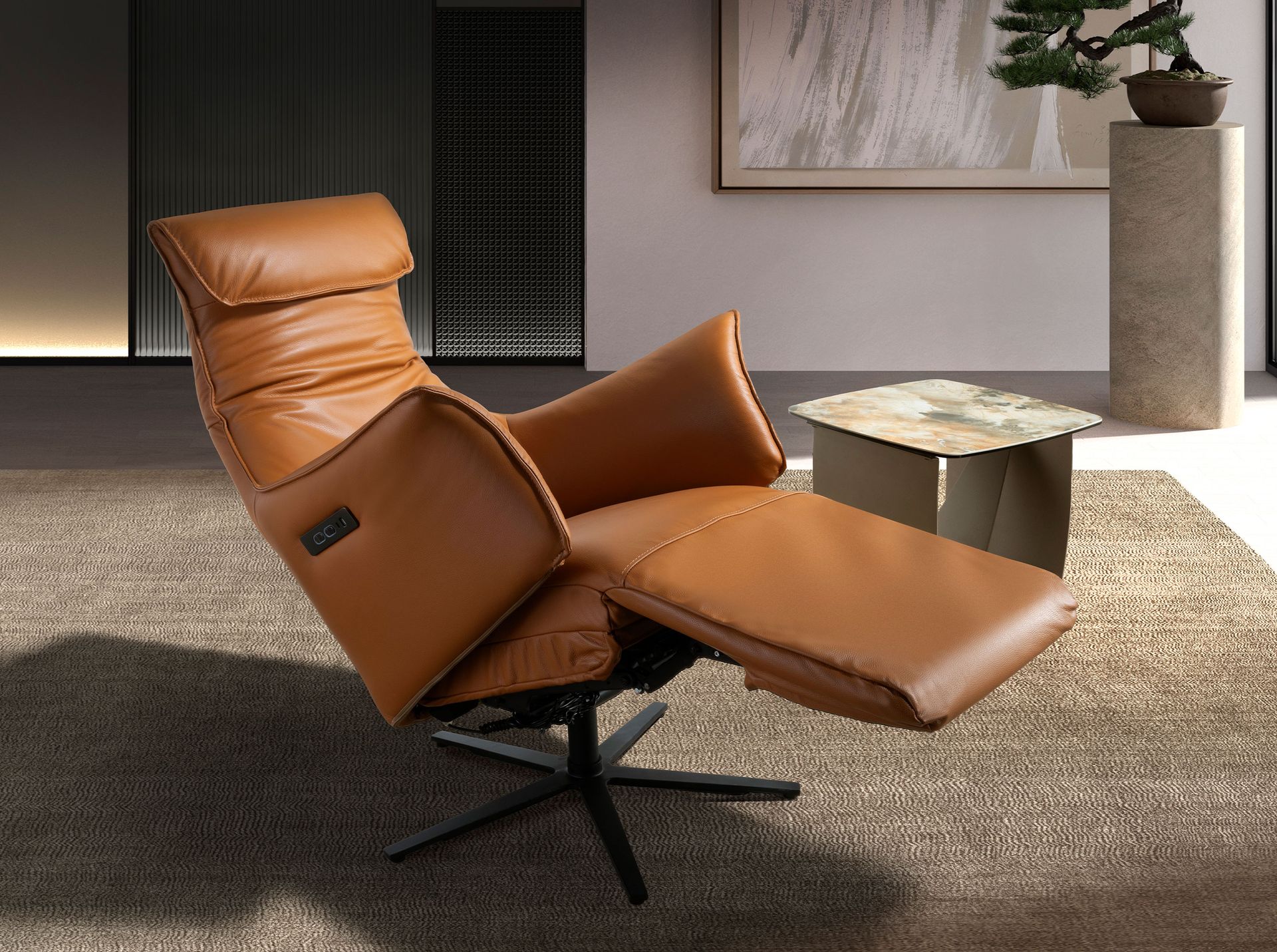 Brown leather swivel armchair