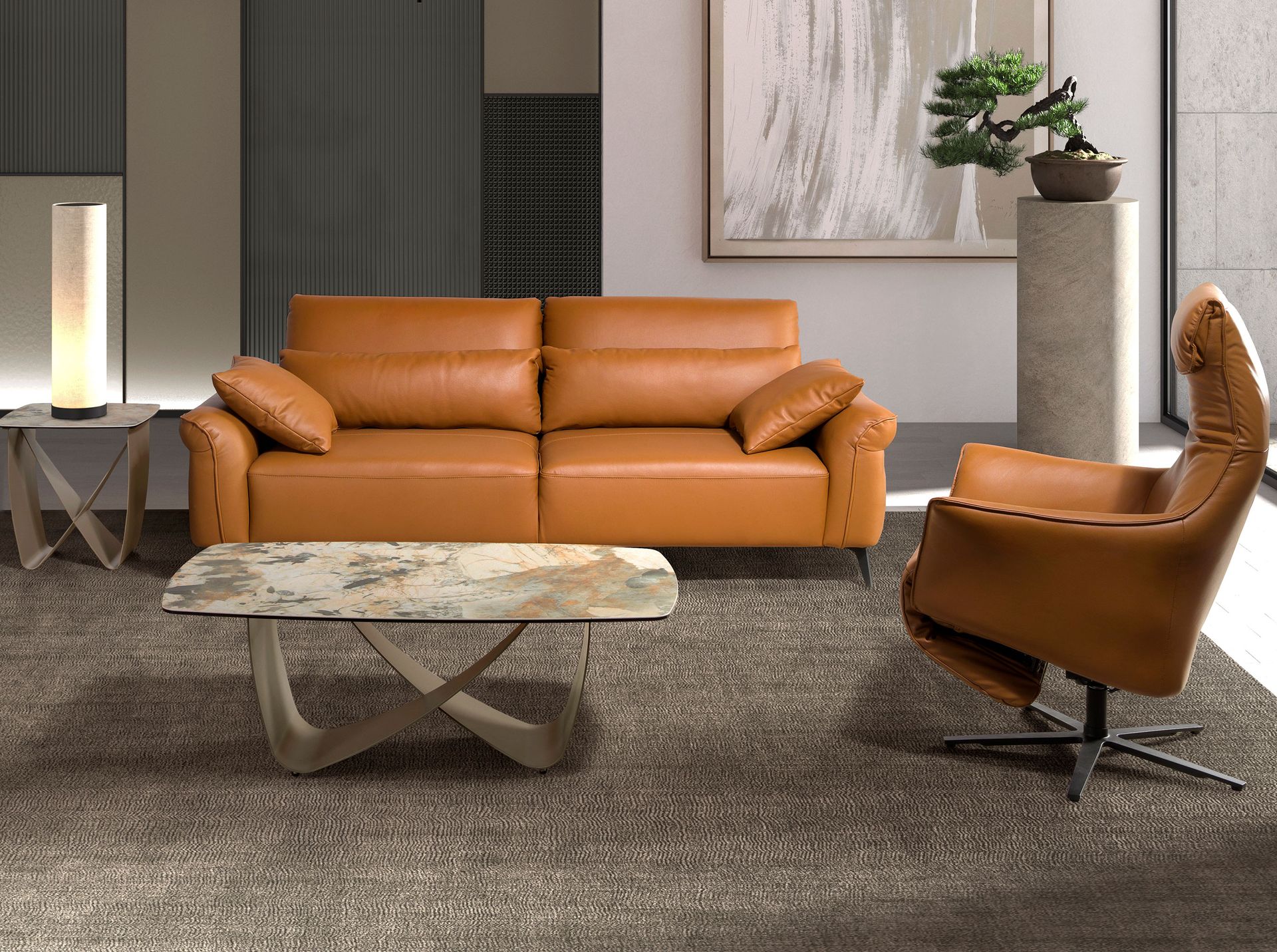 Brown leather swivel armchair