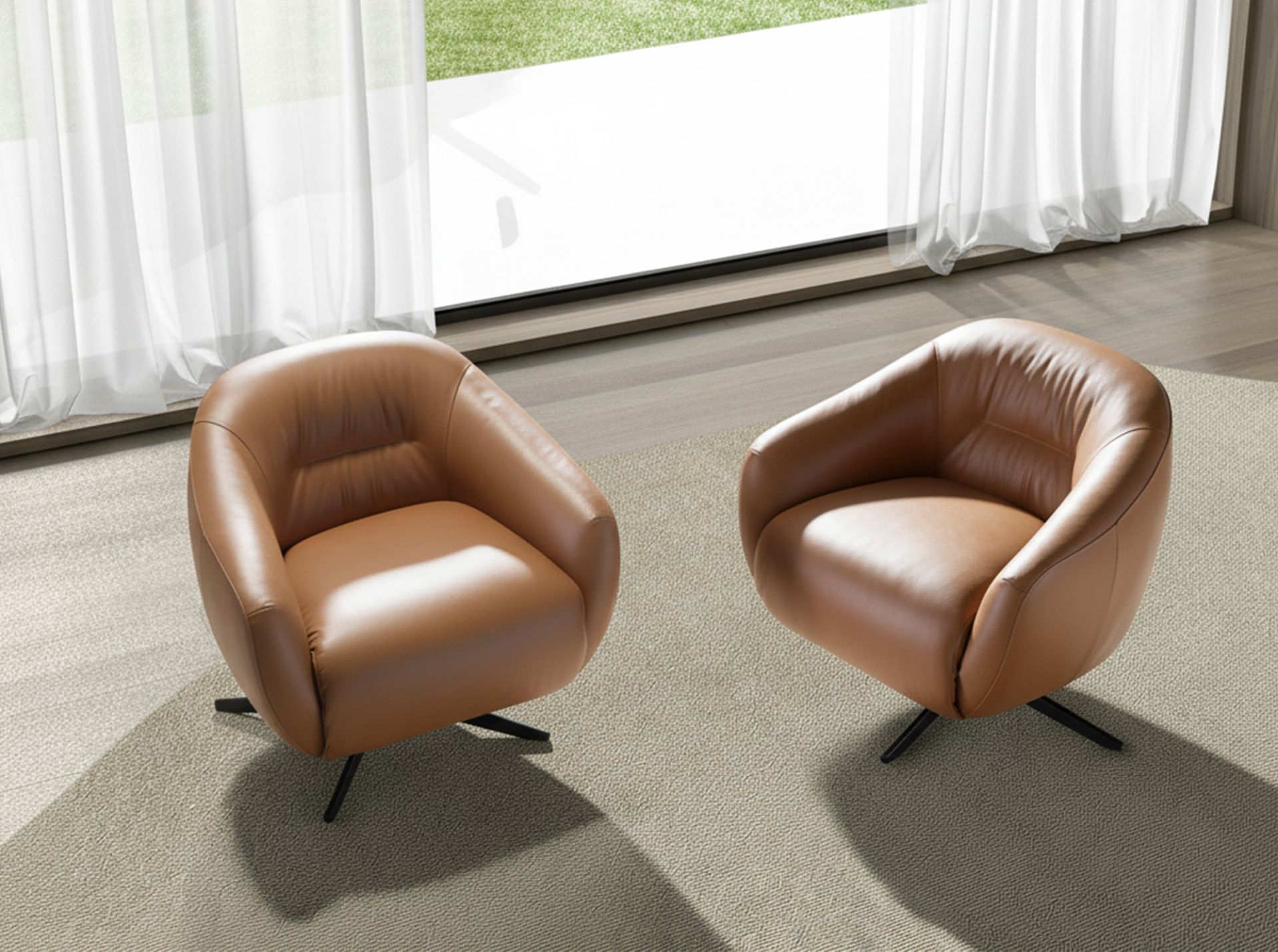 Brown leather swivel armchair