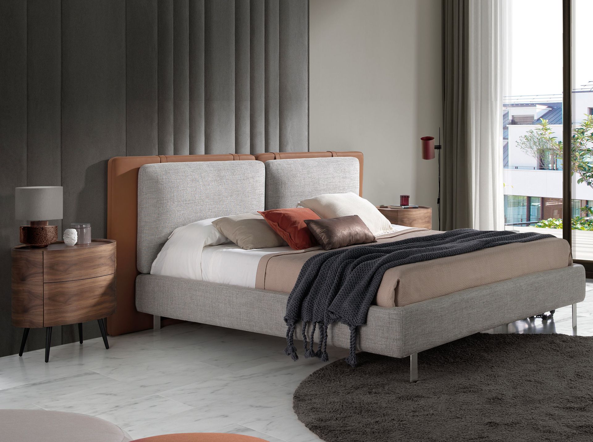 Brown leatherette bed with gray fabric