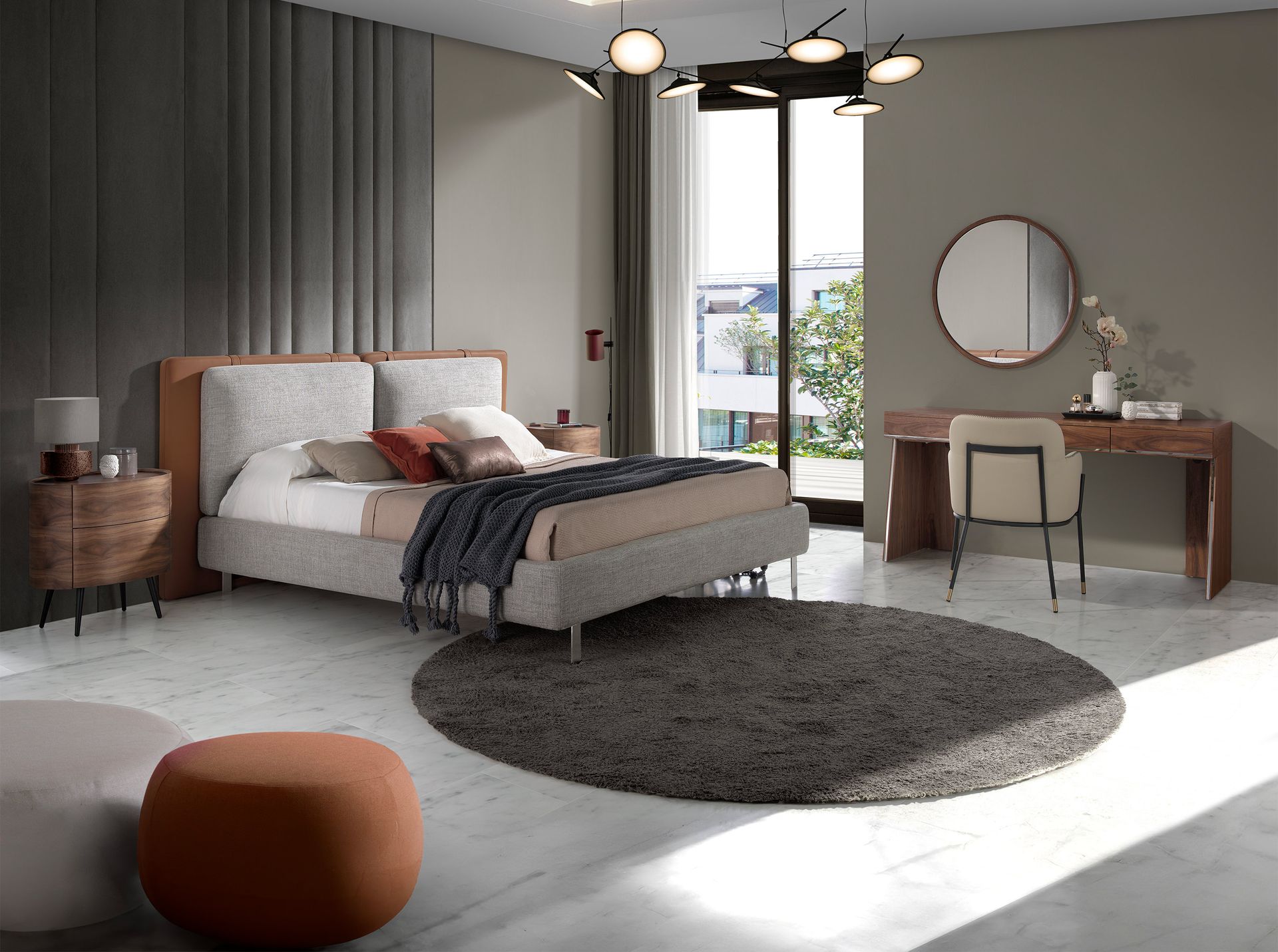 Brown leatherette bed with gray fabric