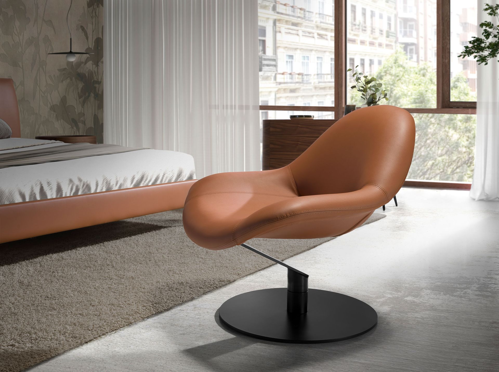 Brown leatherette swivel armchair