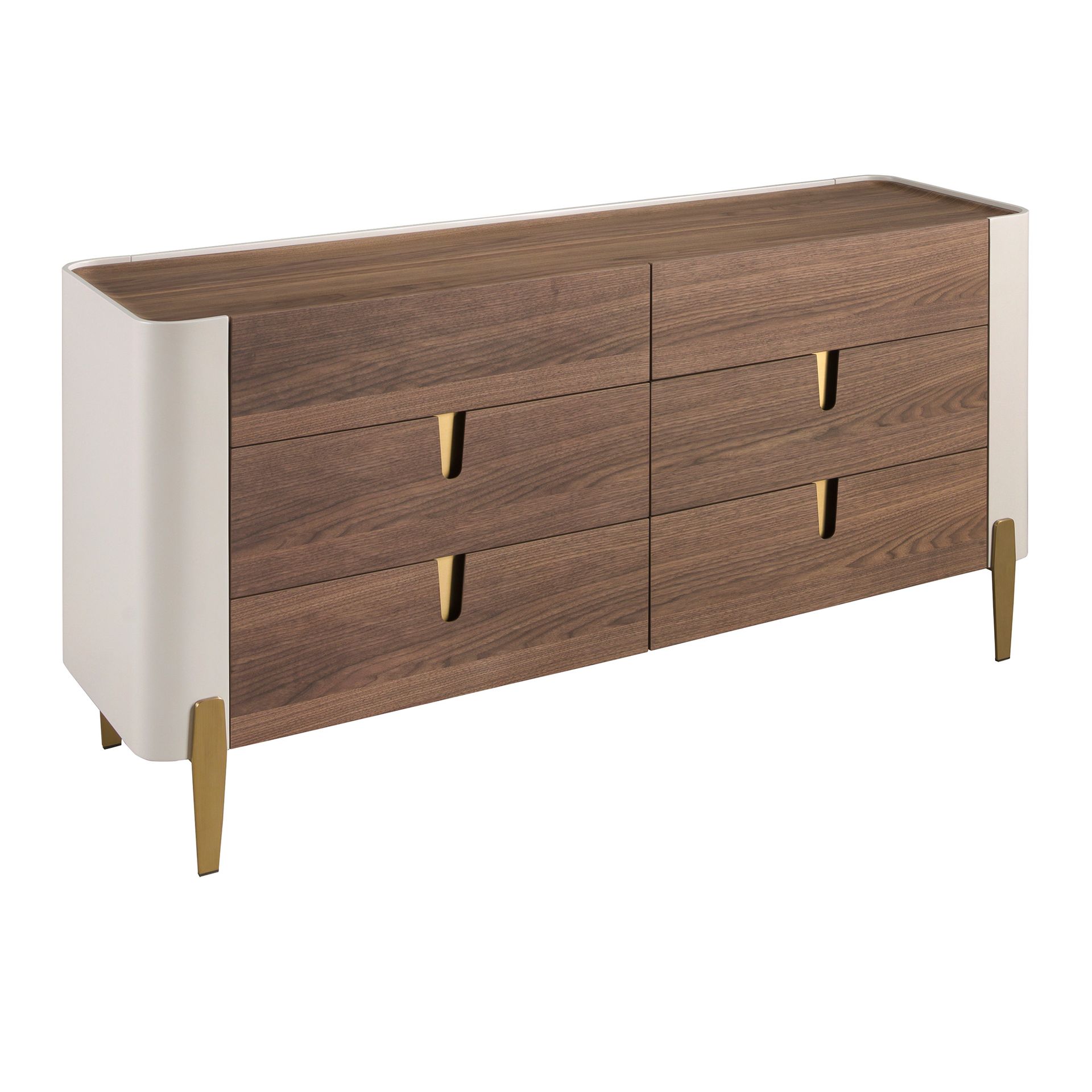 Chest of drawers beige wood, golden polished steel and walnut top