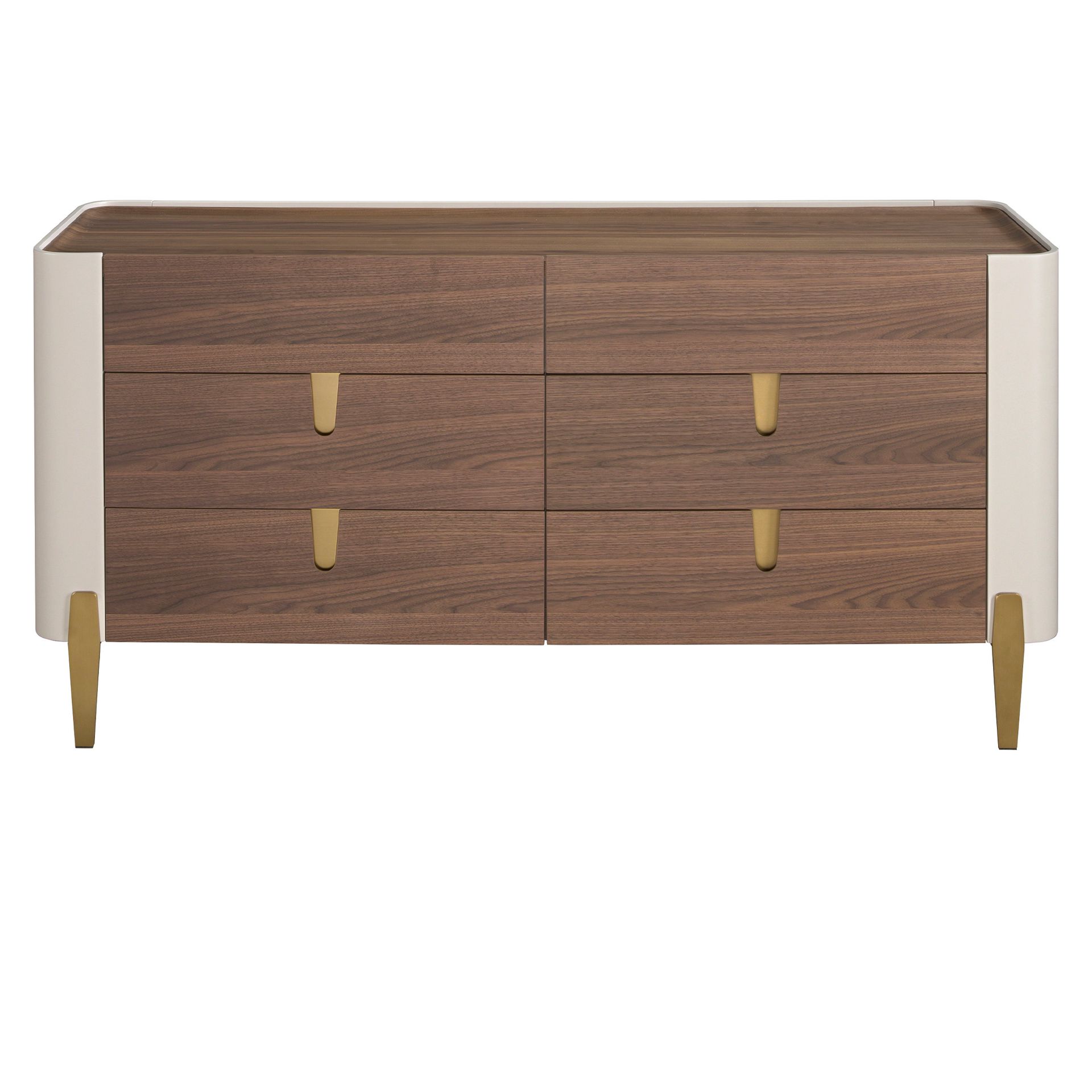 Chest of drawers beige wood, golden polished steel and walnut top