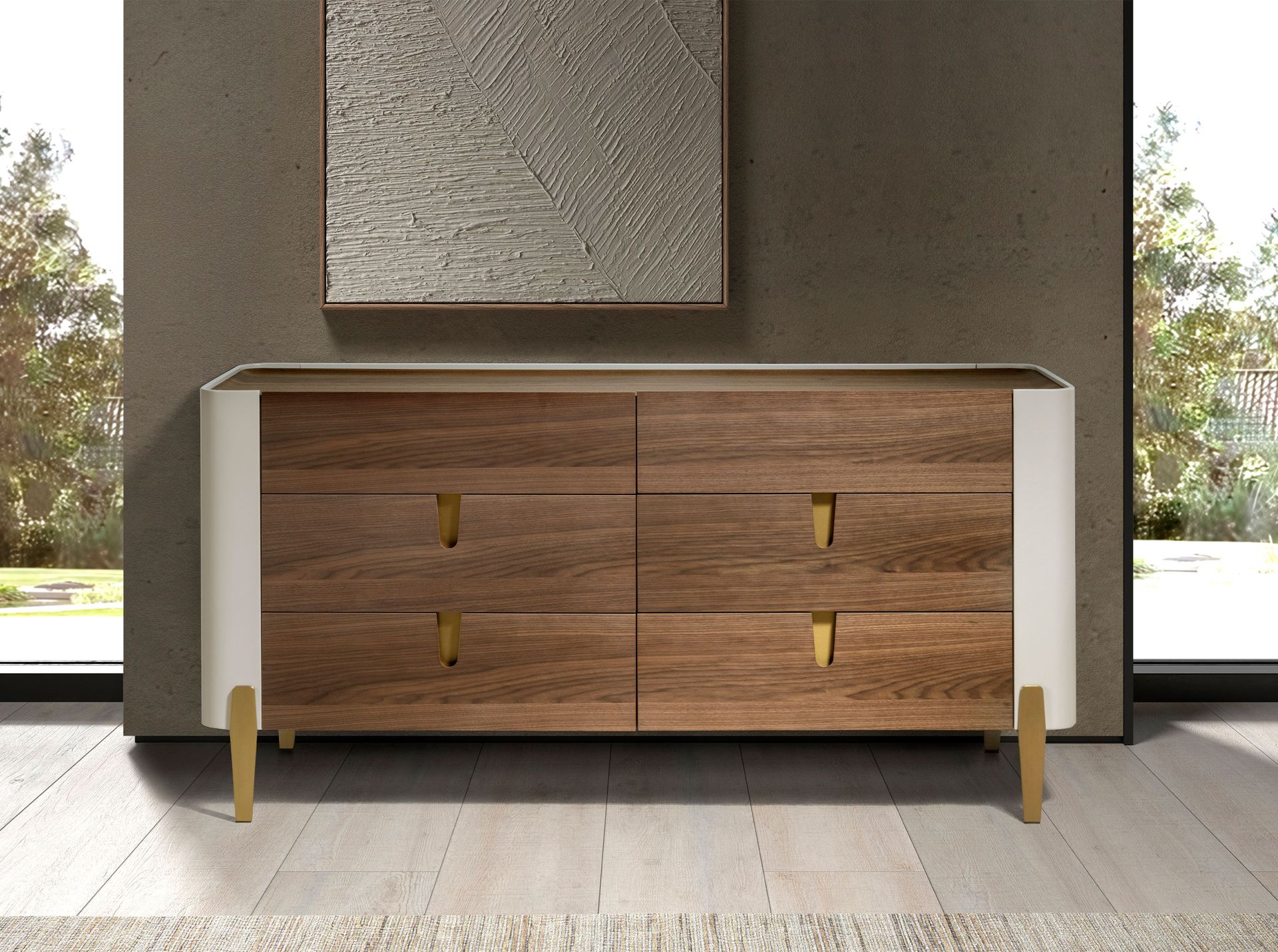 Chest of drawers beige wood, golden polished steel and walnut top