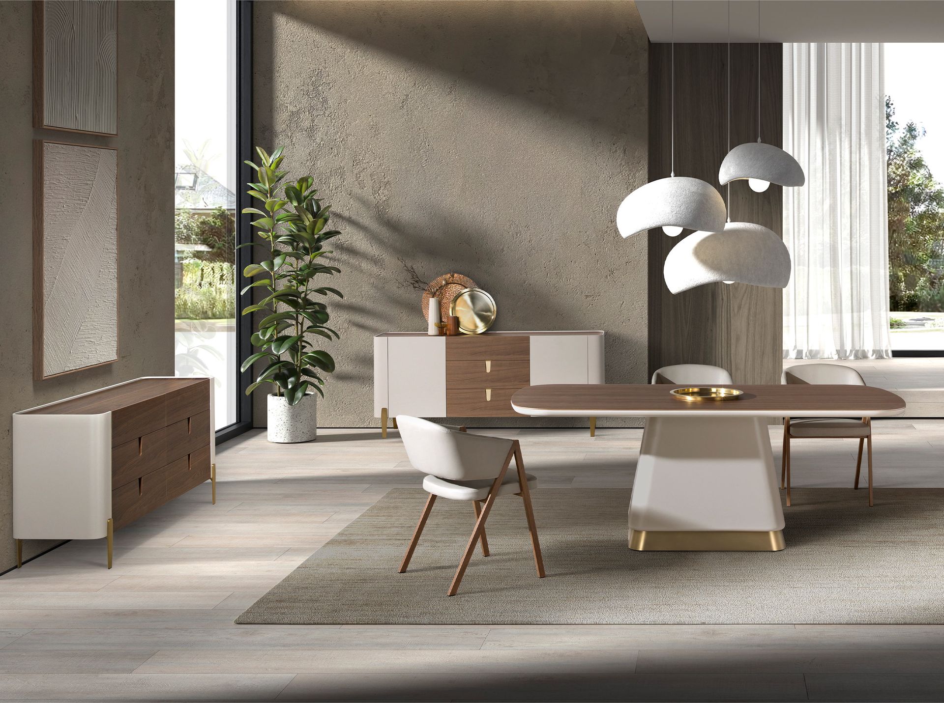 Chest of drawers beige wood, golden polished steel and walnut top