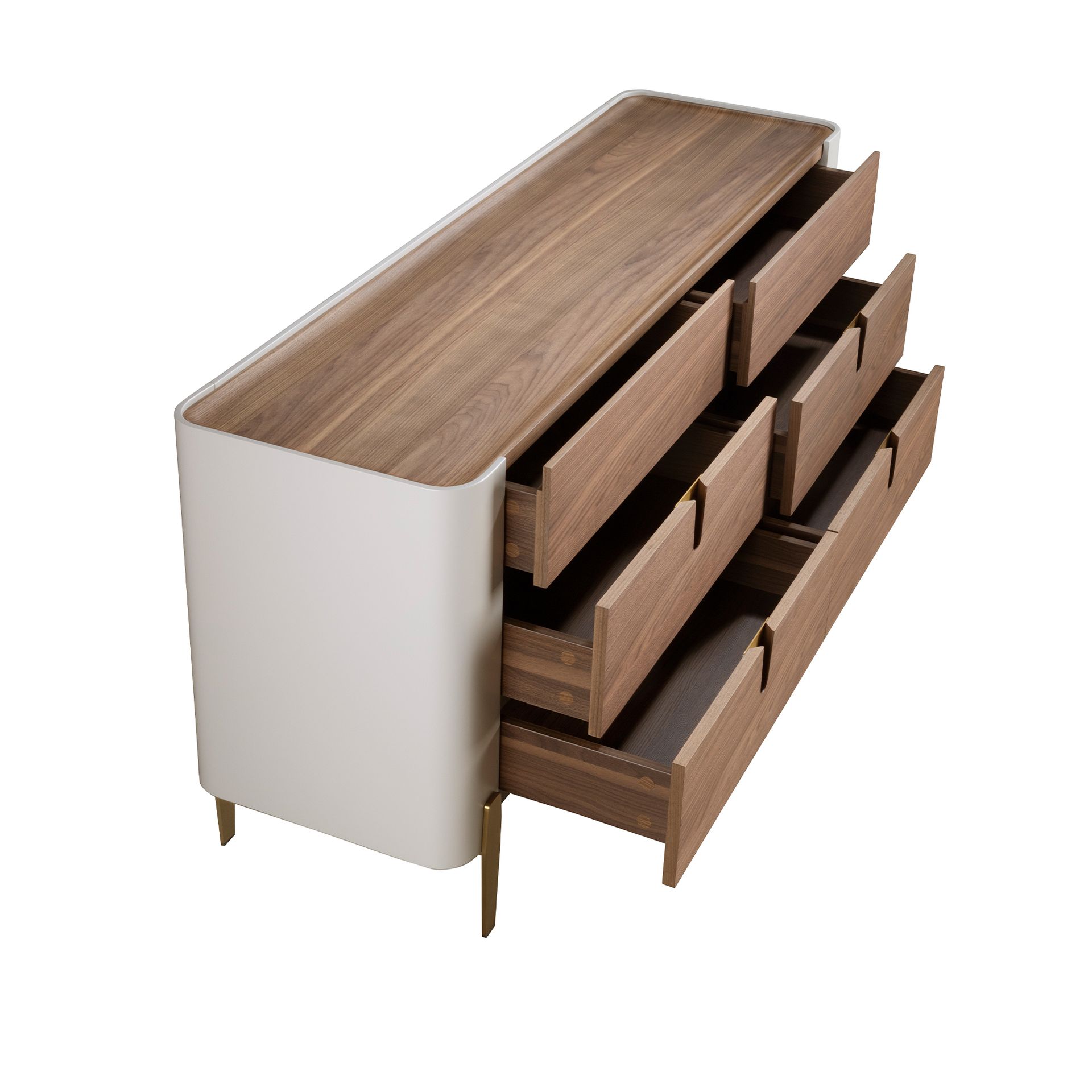Chest of drawers beige wood, golden polished steel and walnut top