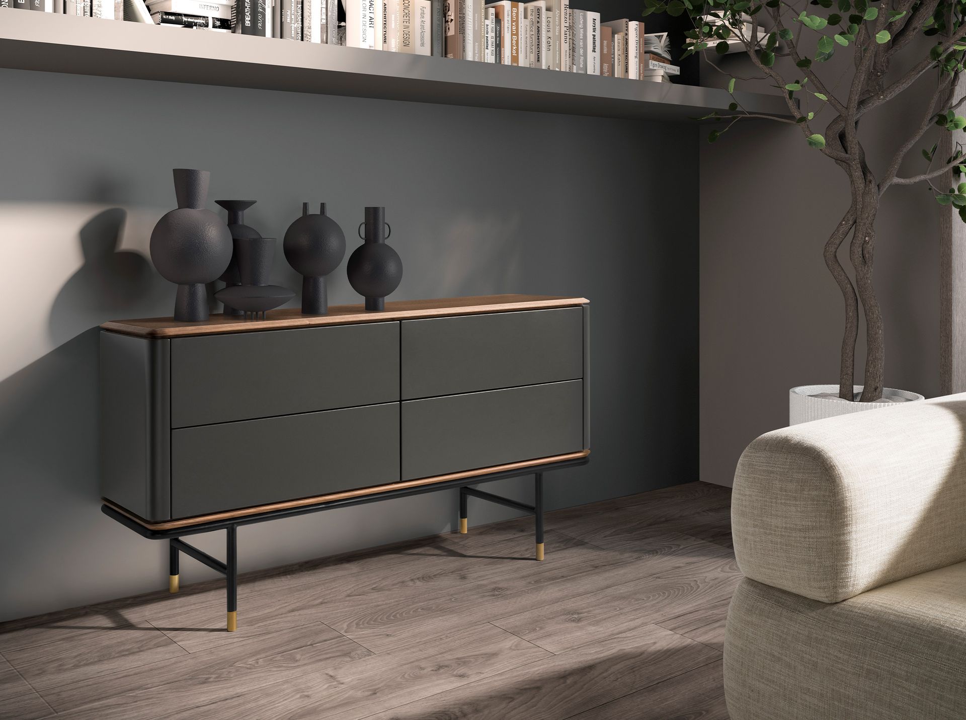 Chest of drawers dark grey matt wood, black steel and walnut top
