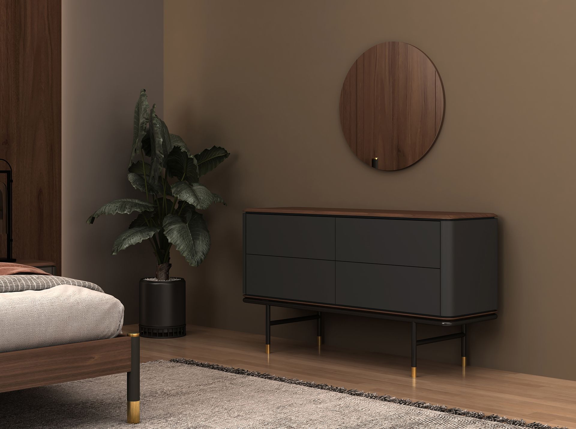 Chest of drawers dark grey matt wood, black steel and walnut top