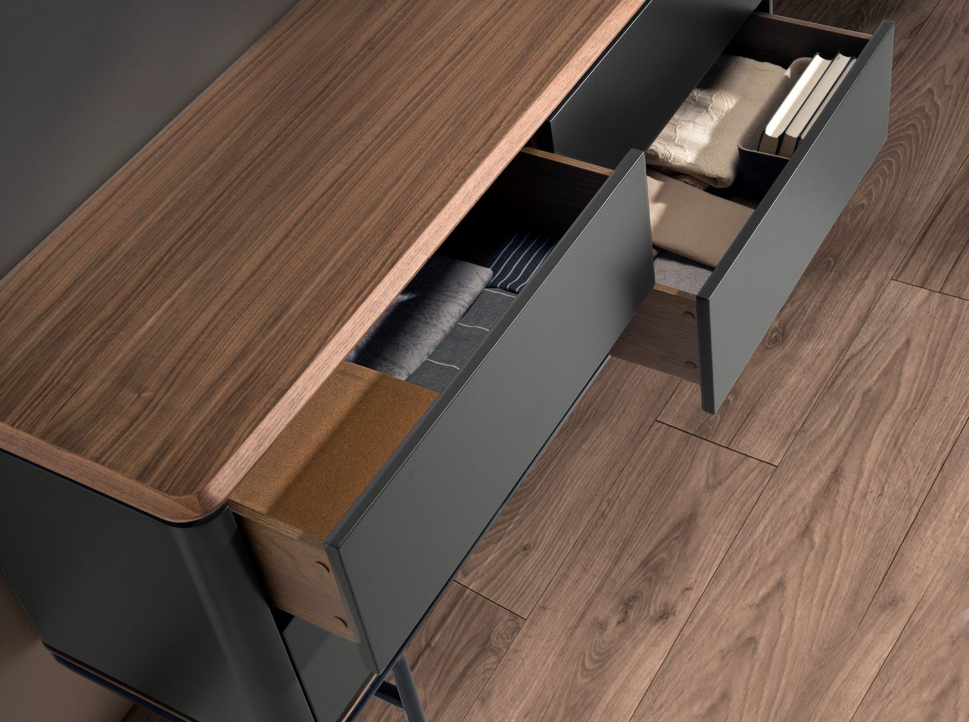 Chest of drawers dark grey matt wood, black steel and walnut top