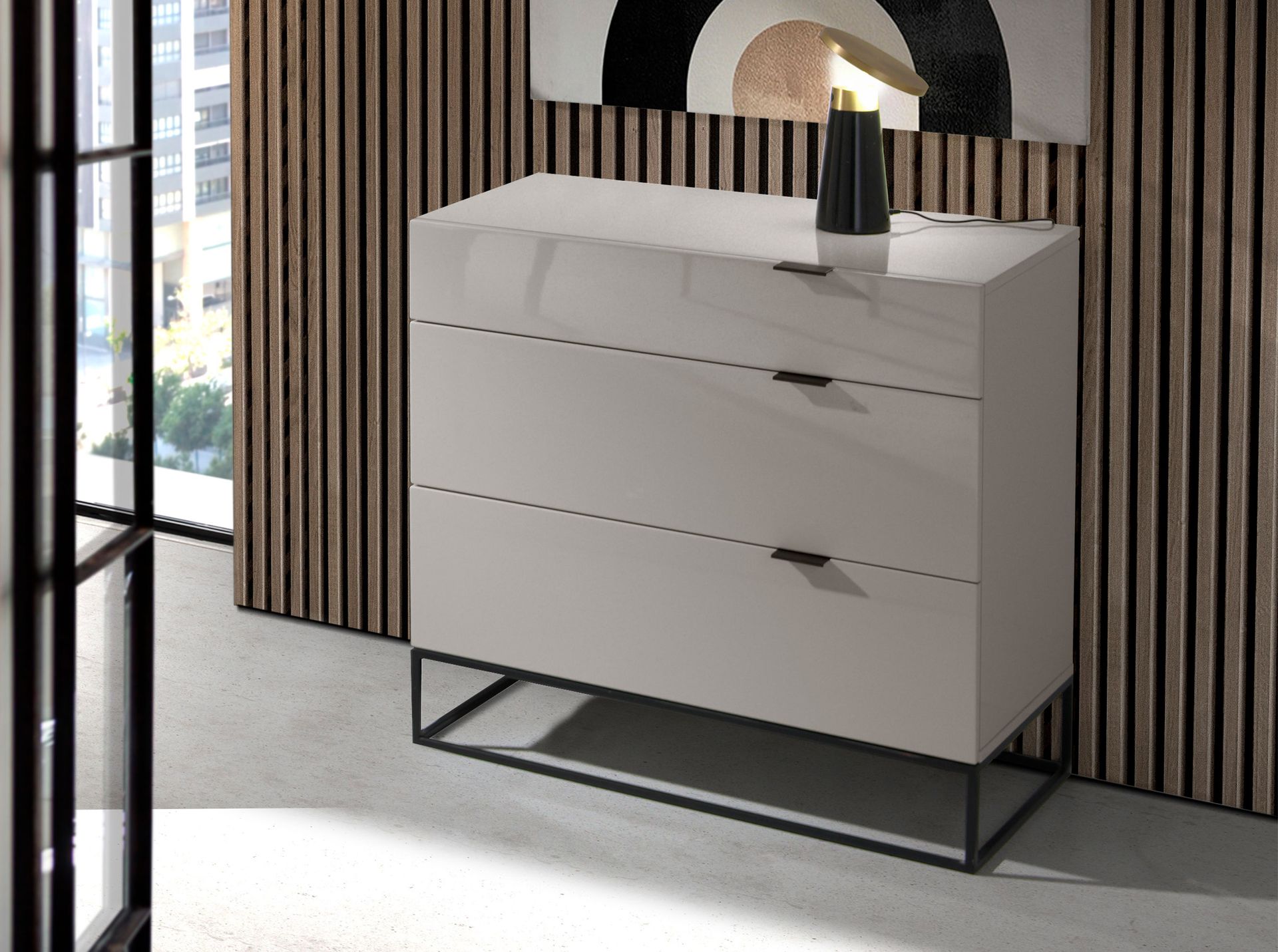 Chest of drawers grey wood and black steel