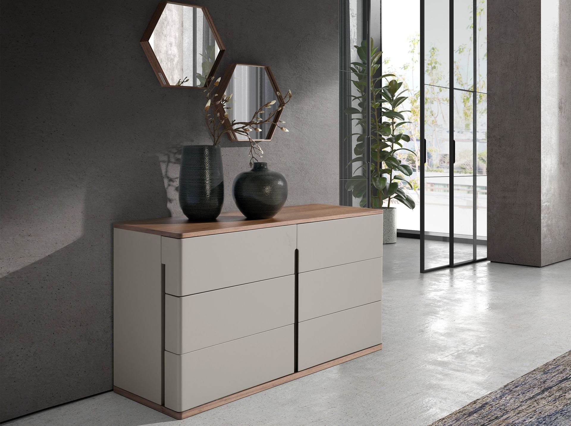 Chest of drawers in grey wood and walnut