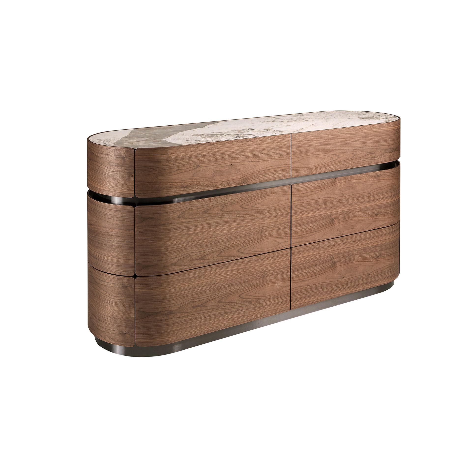 Chest of drawers in walnut, darkened steel base and porcelain marble top