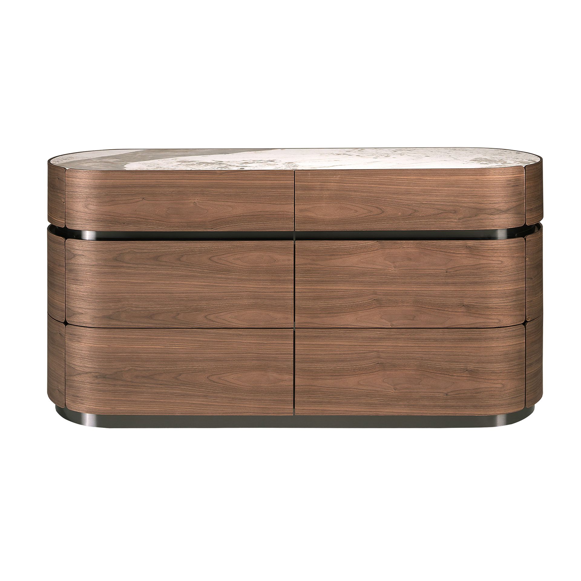 Chest of drawers in walnut, darkened steel base and porcelain marble top
