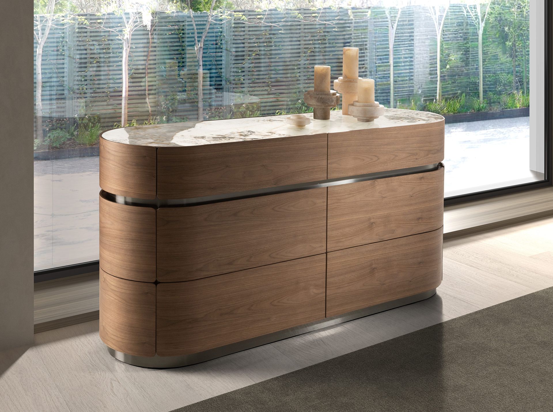 Chest of drawers in walnut, darkened steel base and porcelain marble top