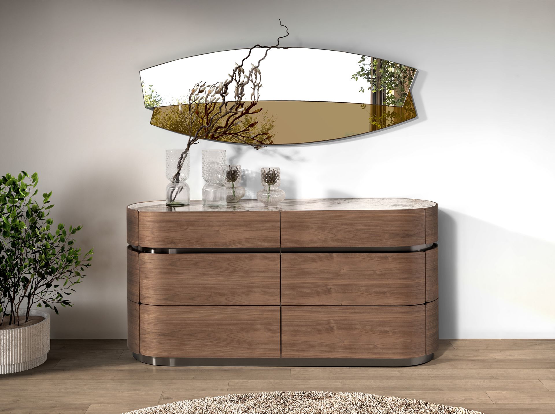 Chest of drawers in walnut, darkened steel base and porcelain marble top