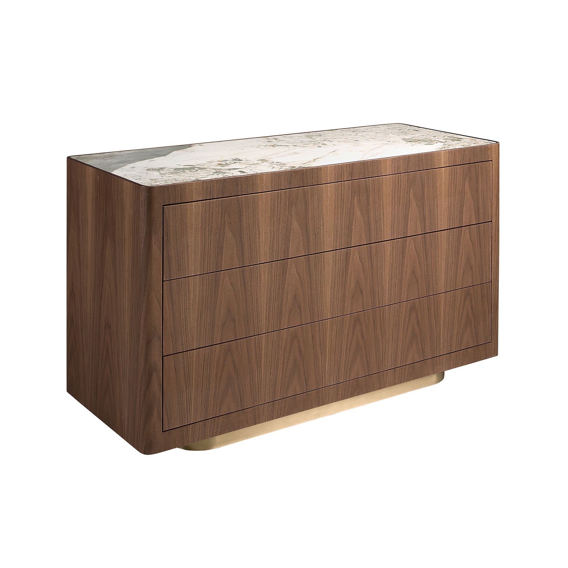 Chest of drawers in walnut, polished gold steel and porcelain marble top