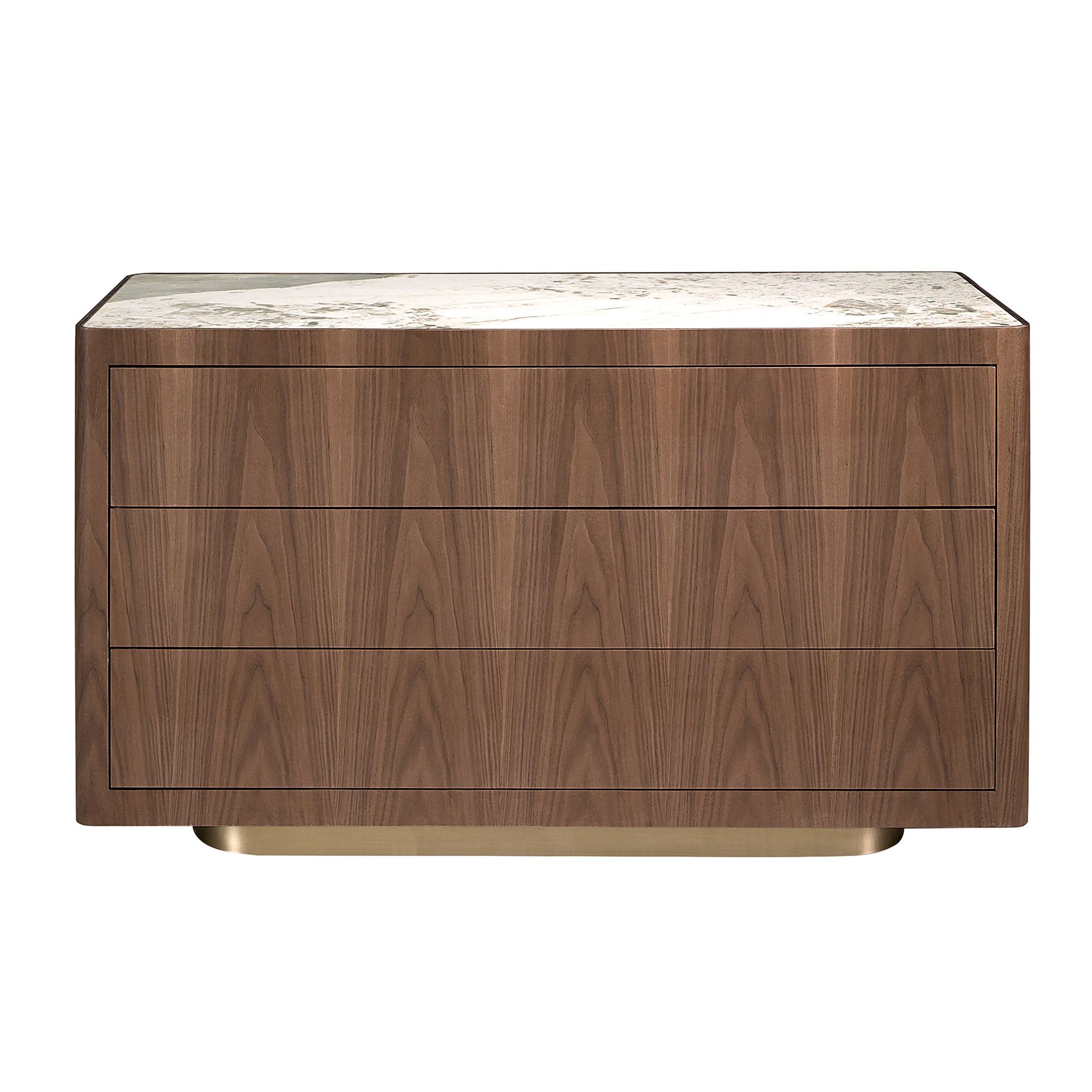 Chest of drawers in walnut, polished gold steel and porcelain marble top