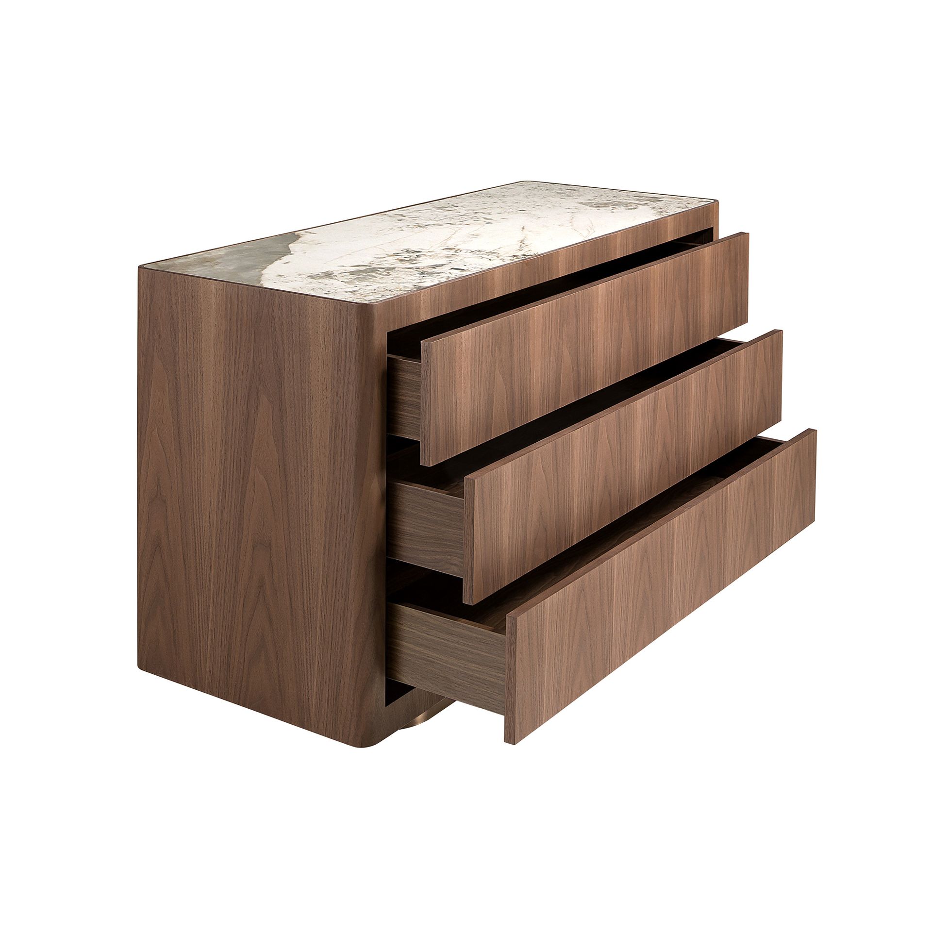 Chest of drawers in walnut, polished gold steel and porcelain marble top