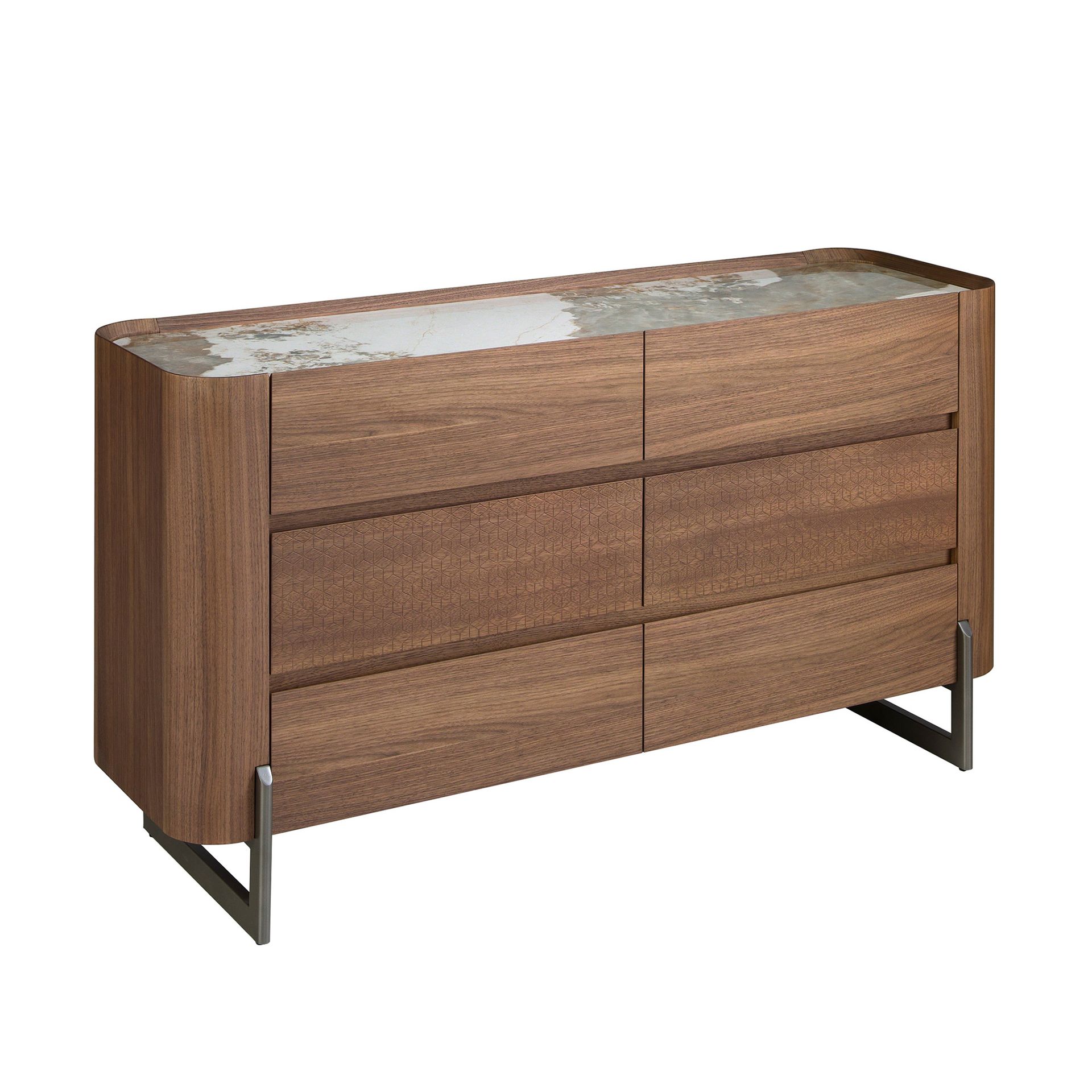 Chest of drawers walnut and metallic dark steel with porcelain marble top