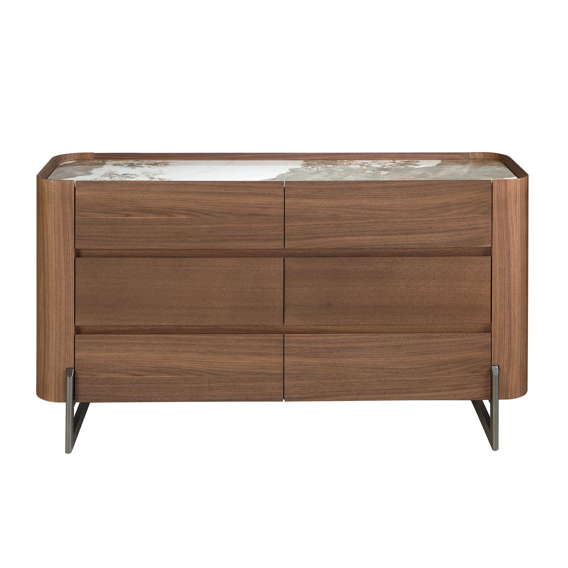 Chest of drawers walnut and metallic dark steel with porcelain marble top