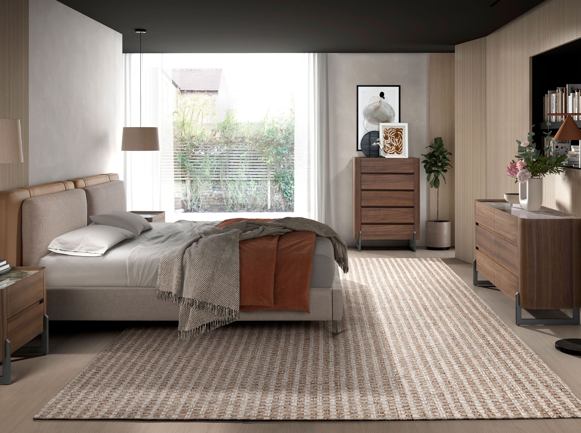 Chest of drawers walnut and metallic dark steel with porcelain marble top