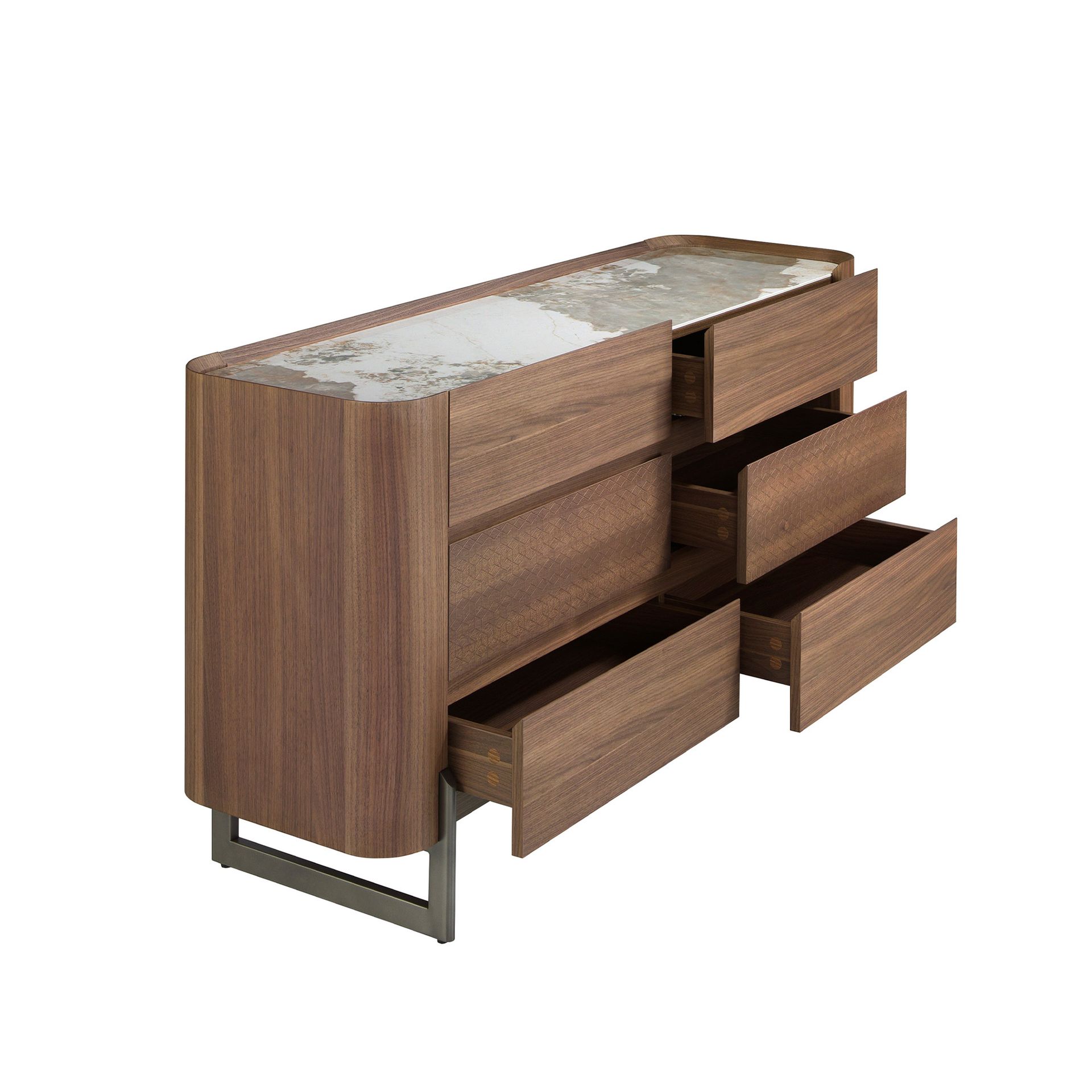 Chest of drawers walnut and metallic dark steel with porcelain marble top