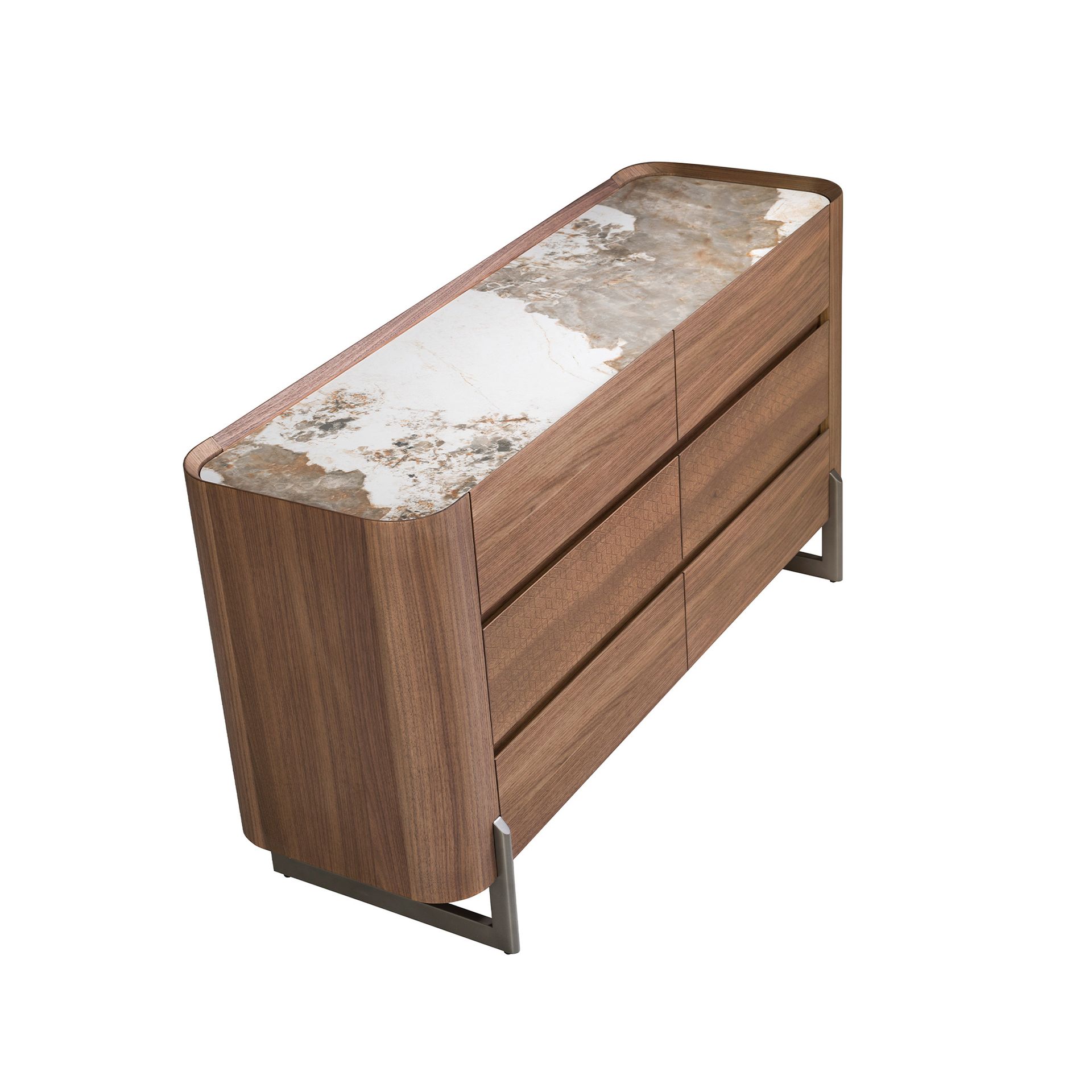 Chest of drawers walnut and metallic dark steel with porcelain marble top
