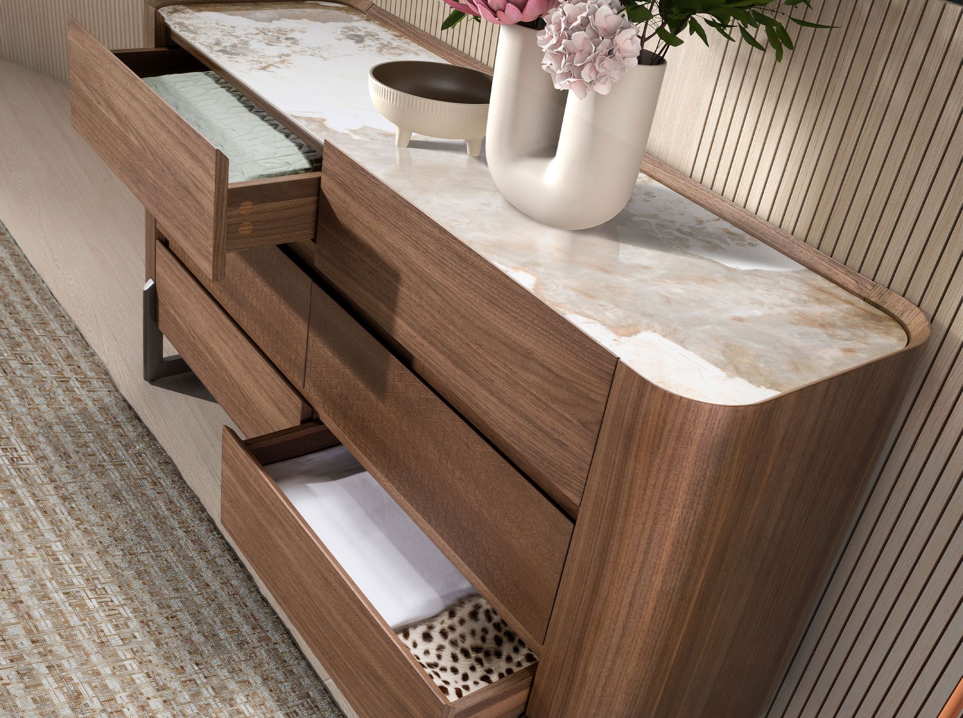Chest of drawers walnut and metallic dark steel with porcelain marble top
