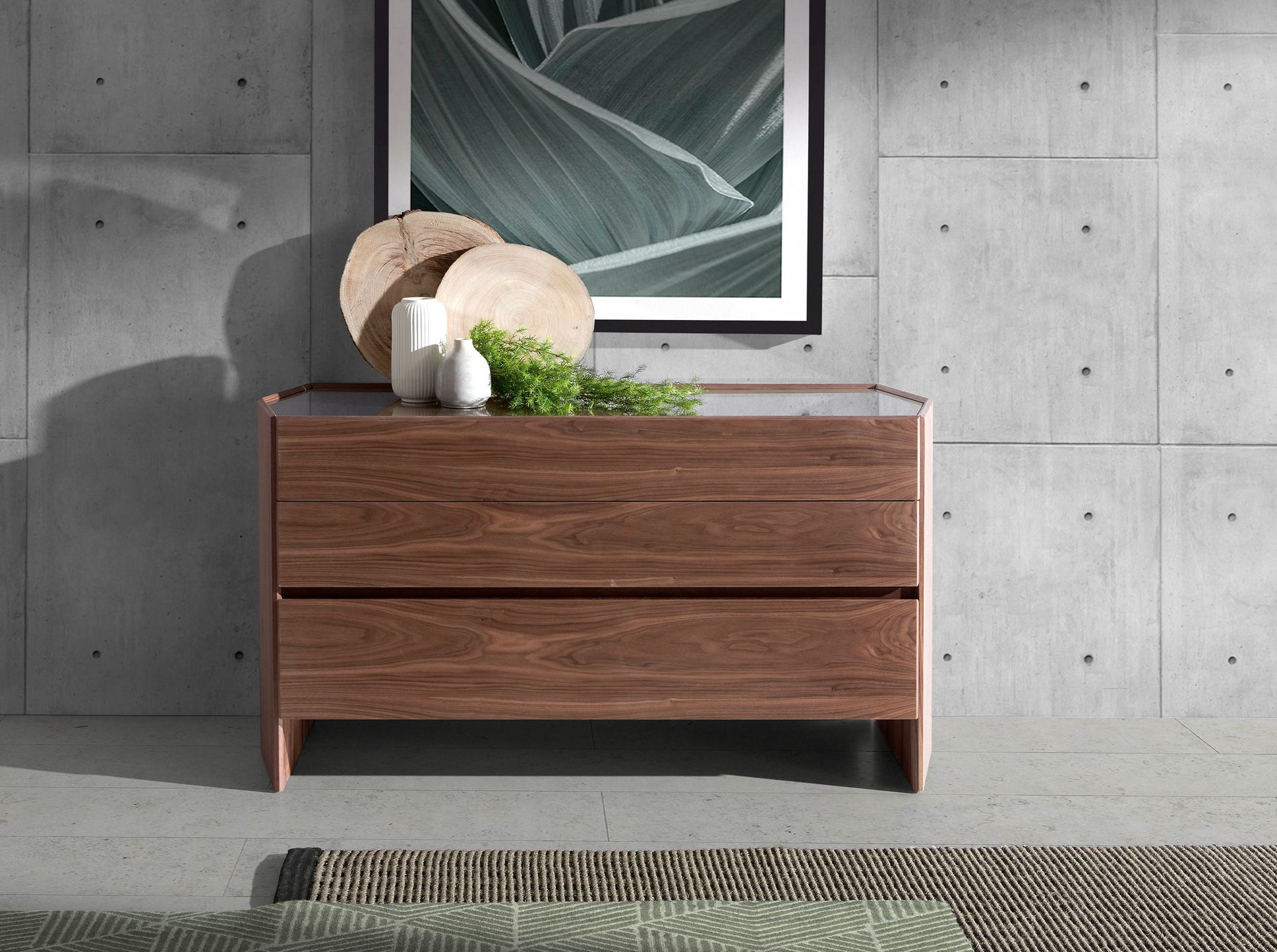 Chest of drawers walnut with tempered glass top
