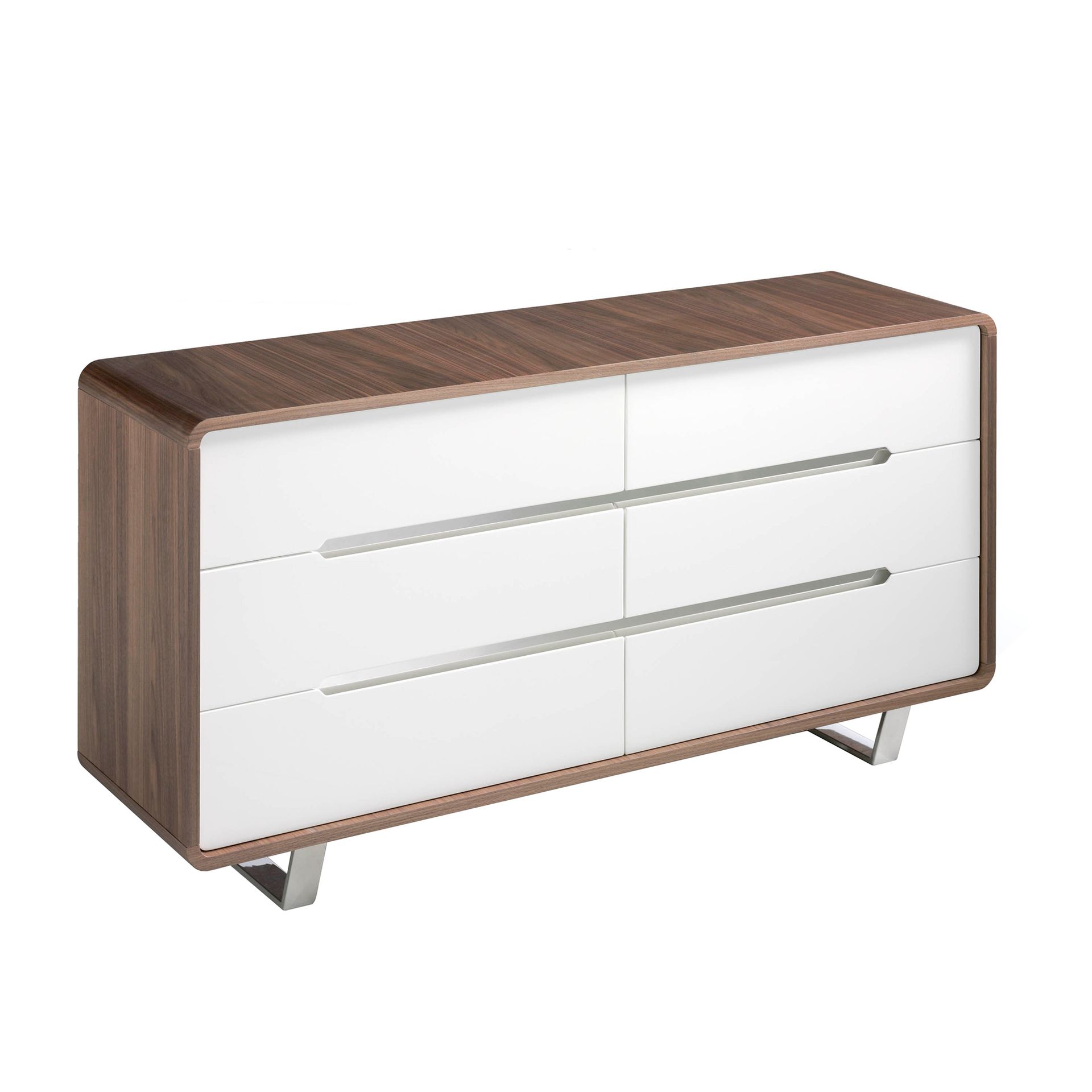 Chest of drawers white wood, walnut and chromed steel