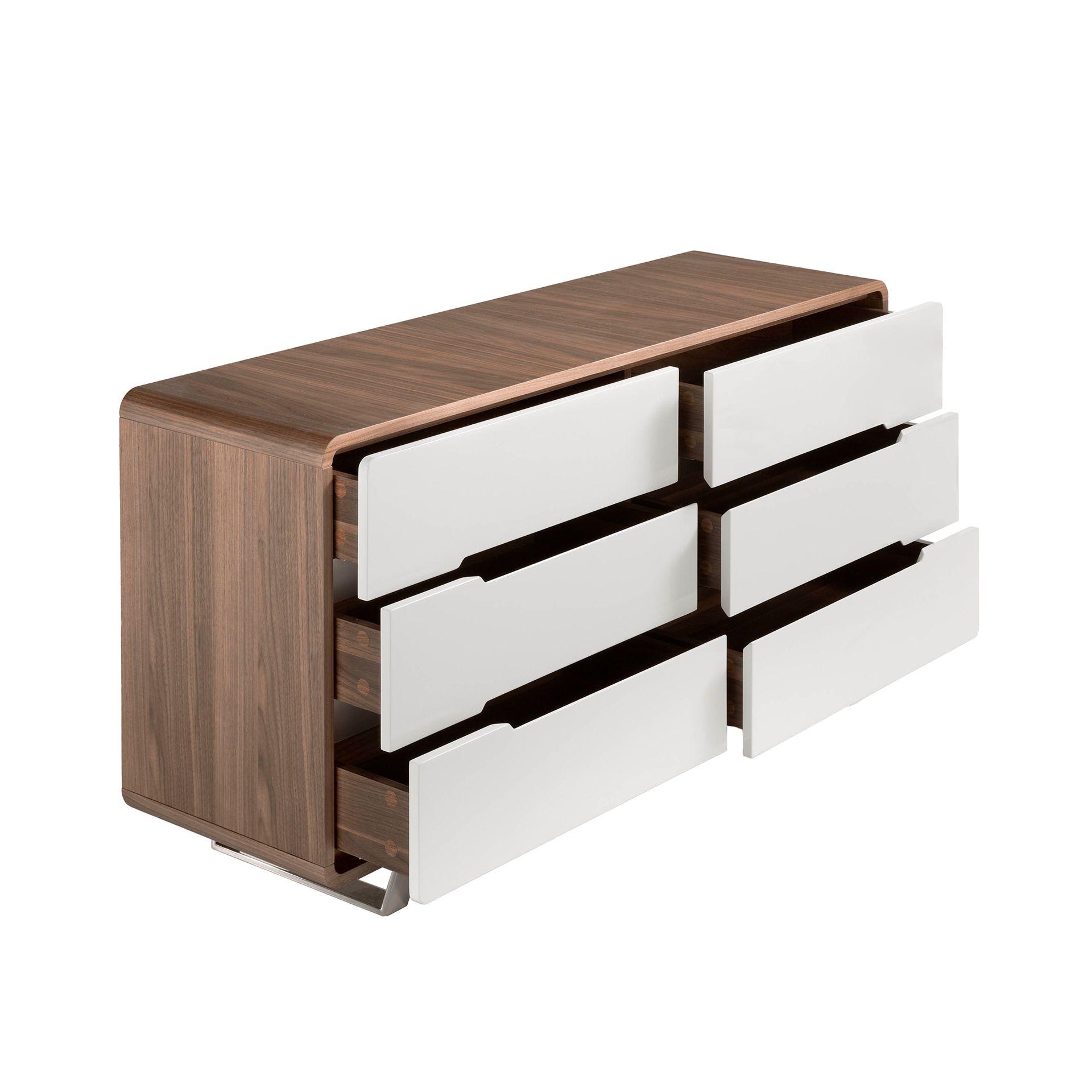 Chest of drawers white wood, walnut and chromed steel