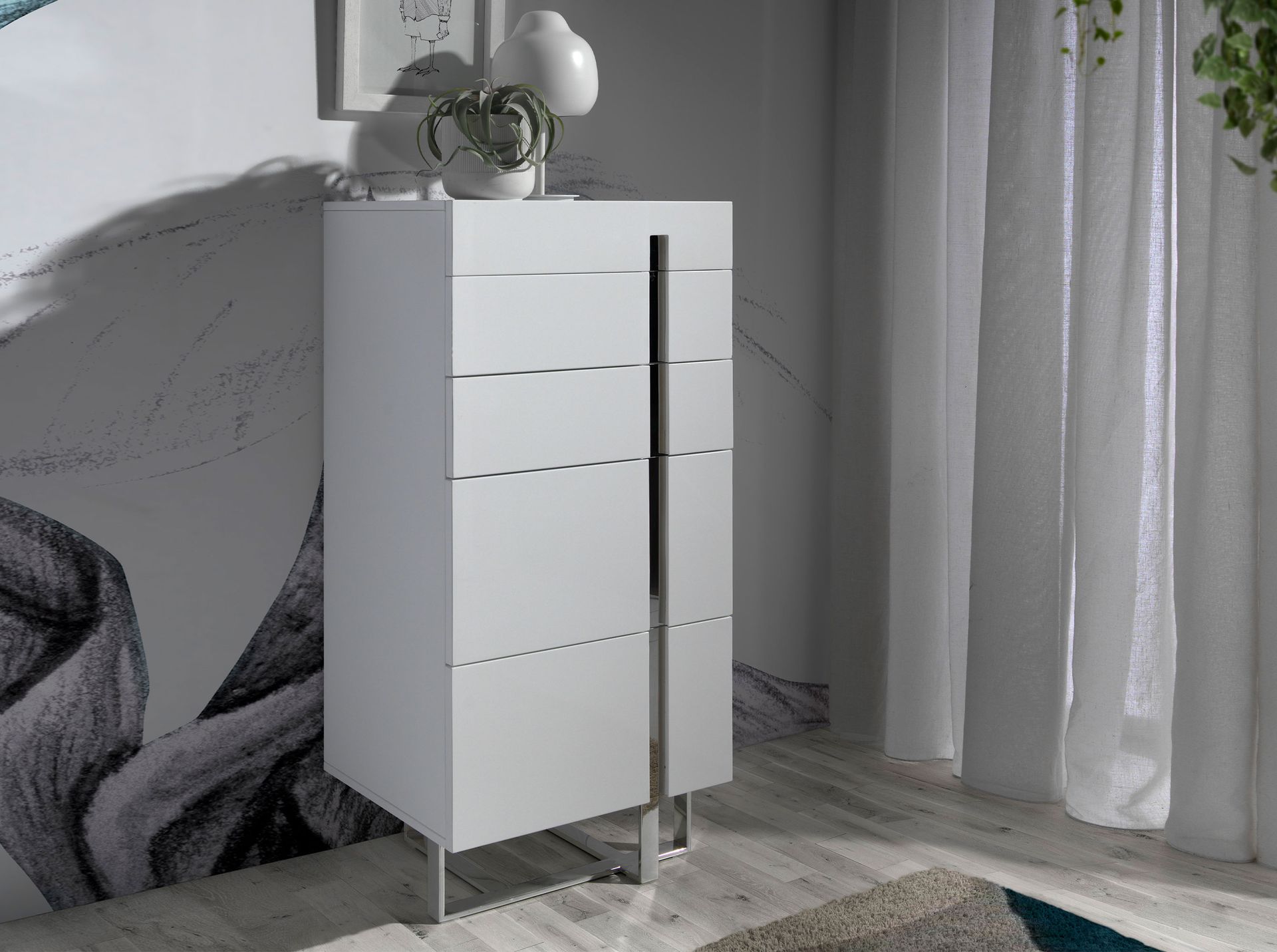 Chiffonier white wood and chrome-plated steel