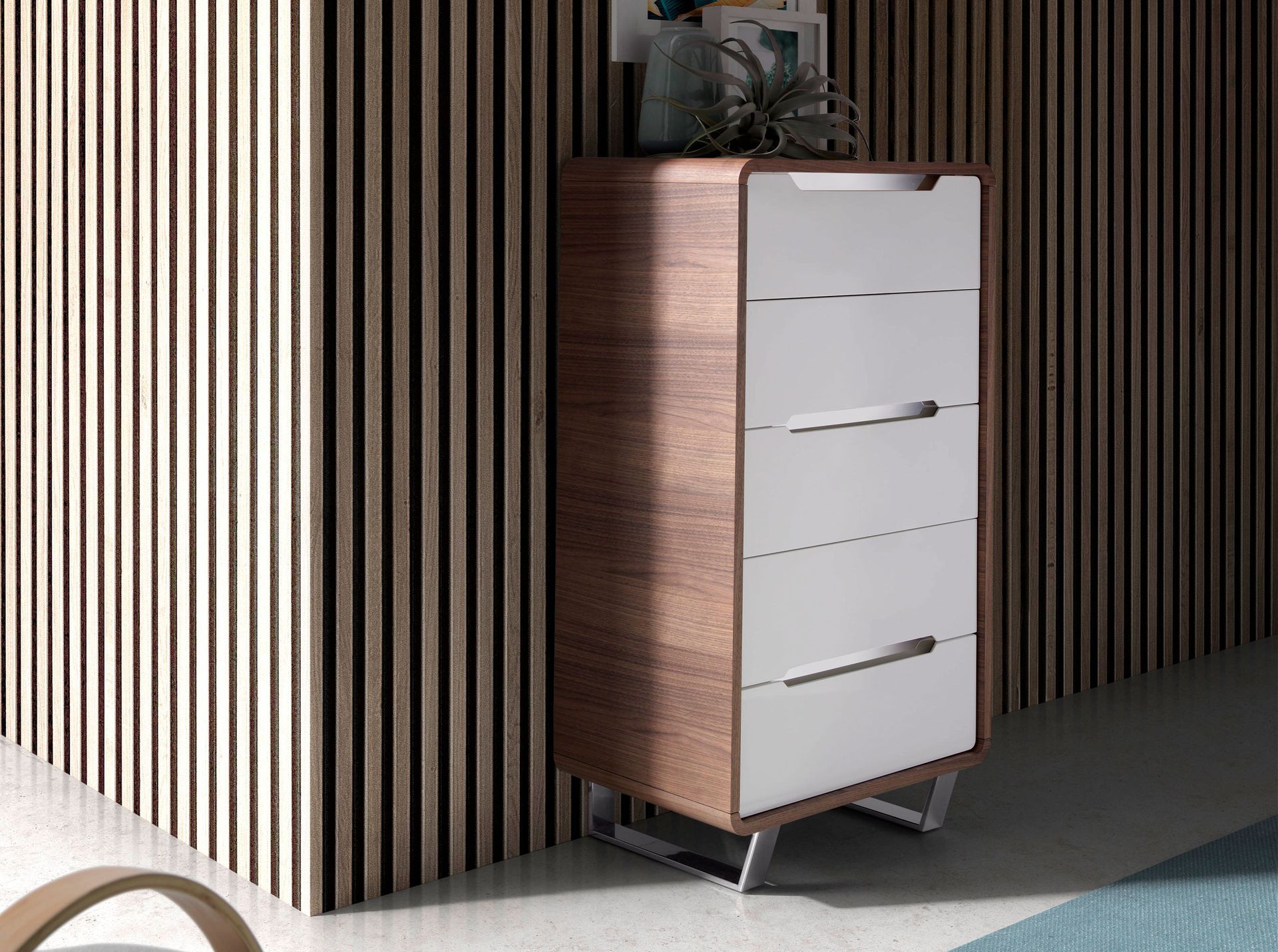 Chiffonier white wood, walnut and chromed steel