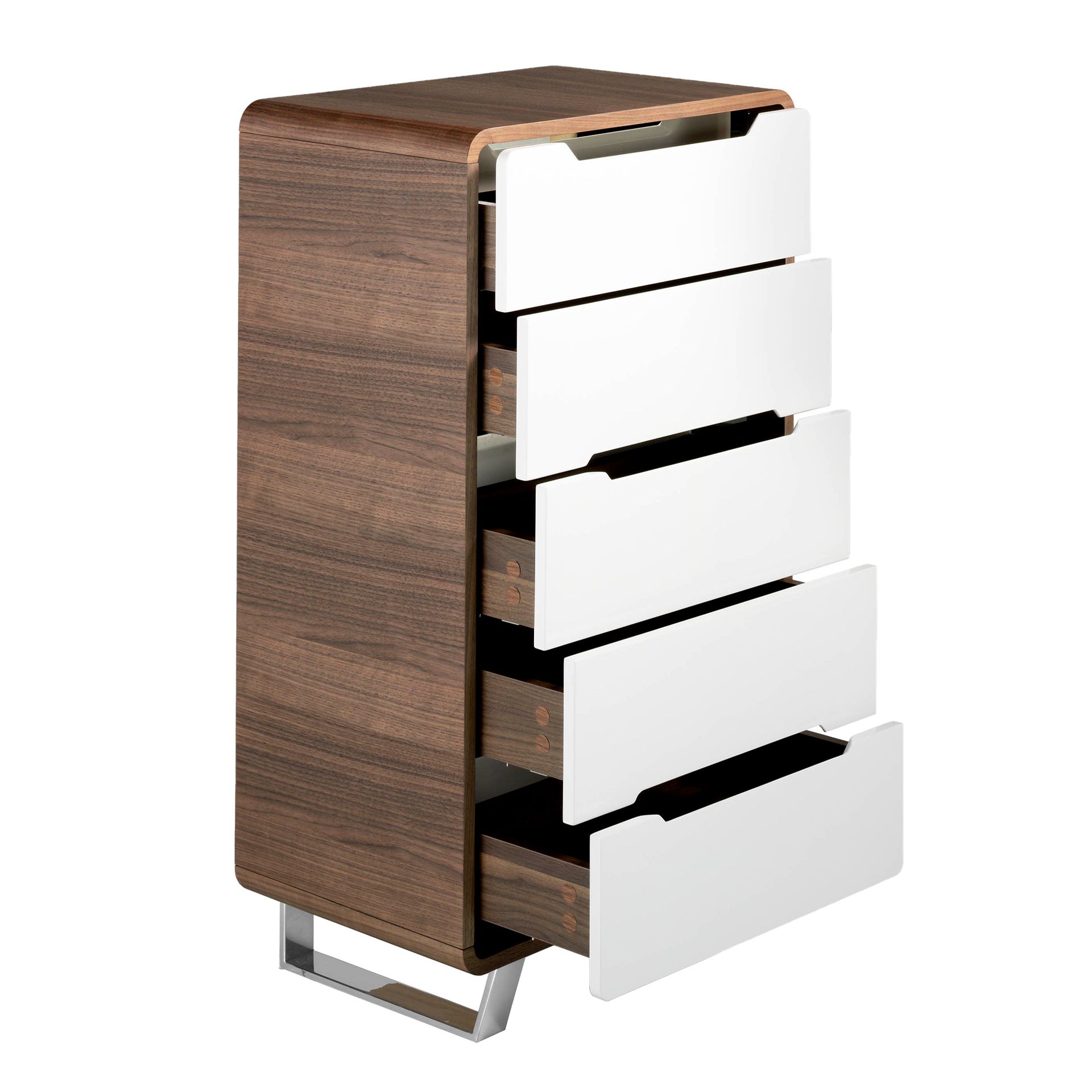Chiffonier white wood, walnut and chromed steel