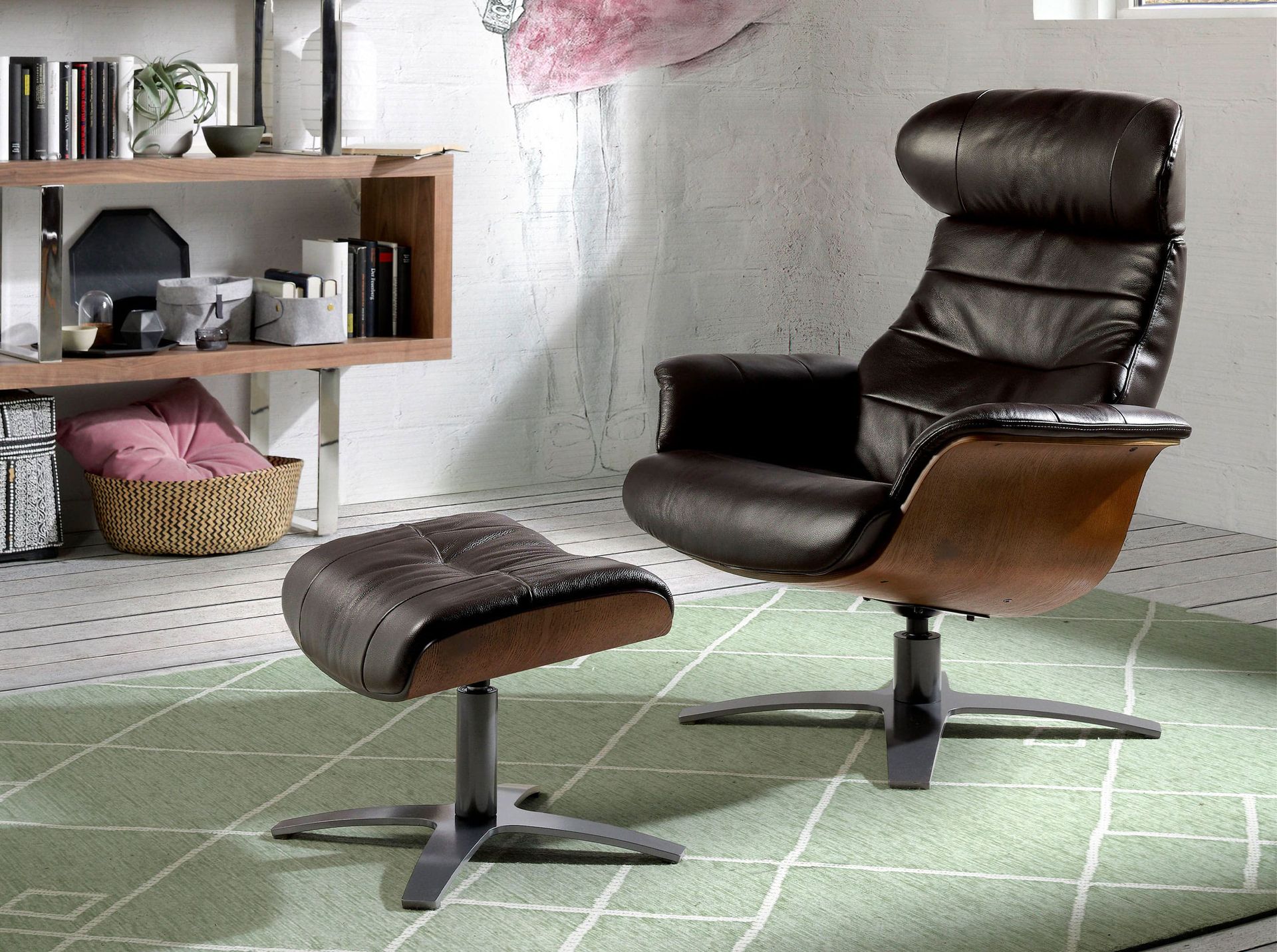 Chocolate brown leather swivel recliner armchair