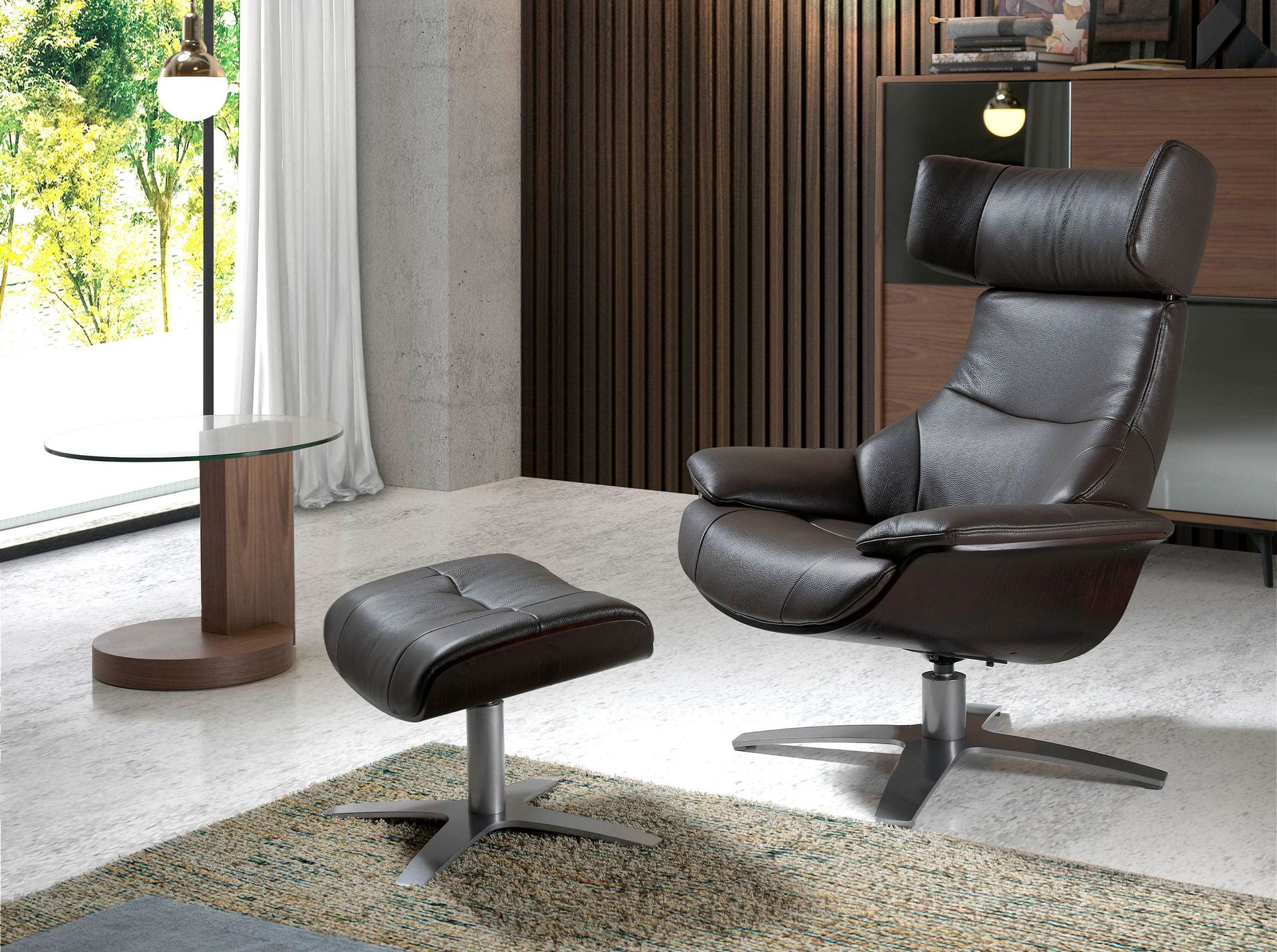 Chocolate brown leather swivel recliner armchair