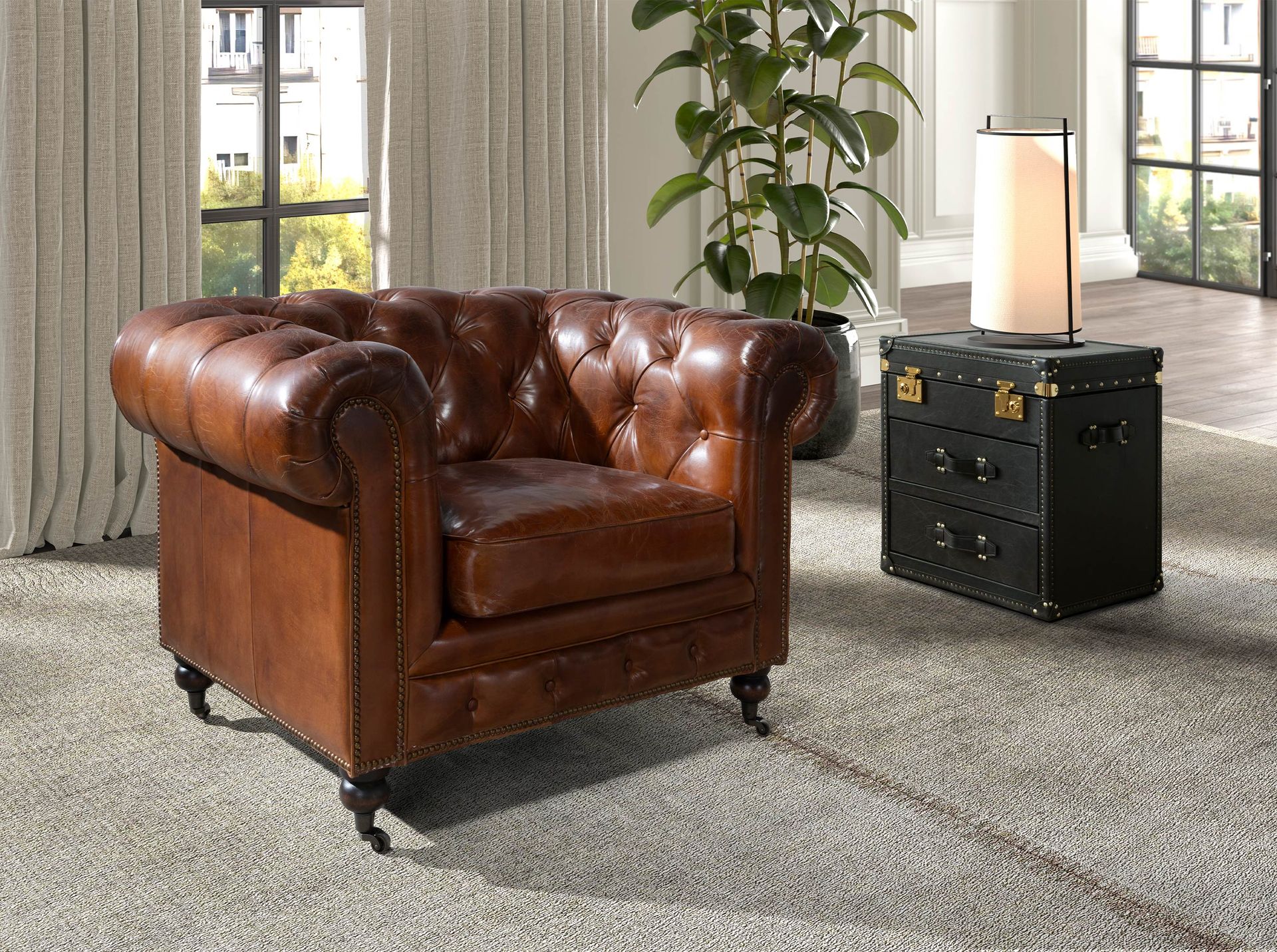Cognac brown leather Chester armchair