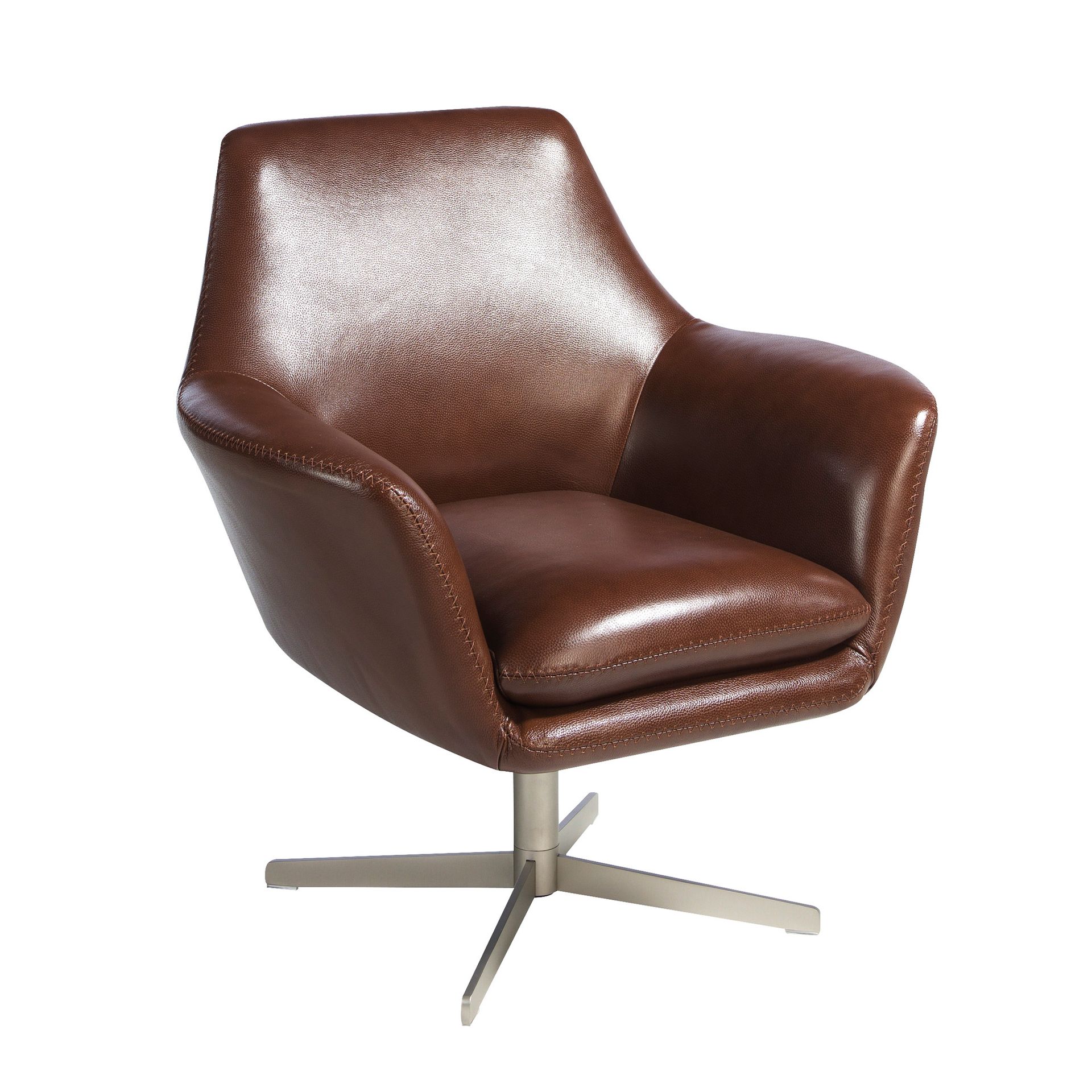 Cognac brown leather swivel armchair