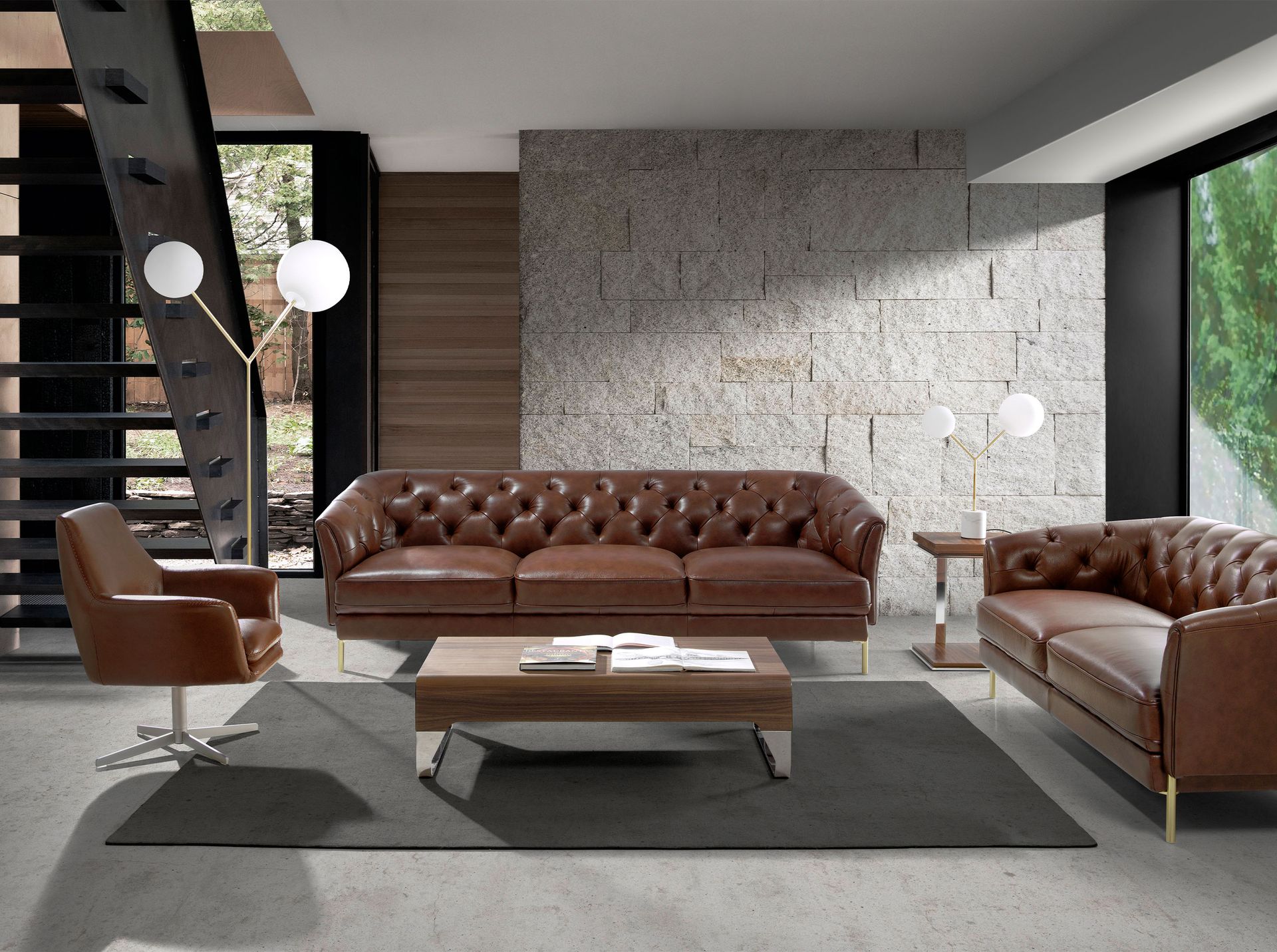 Cognac brown leather swivel armchair