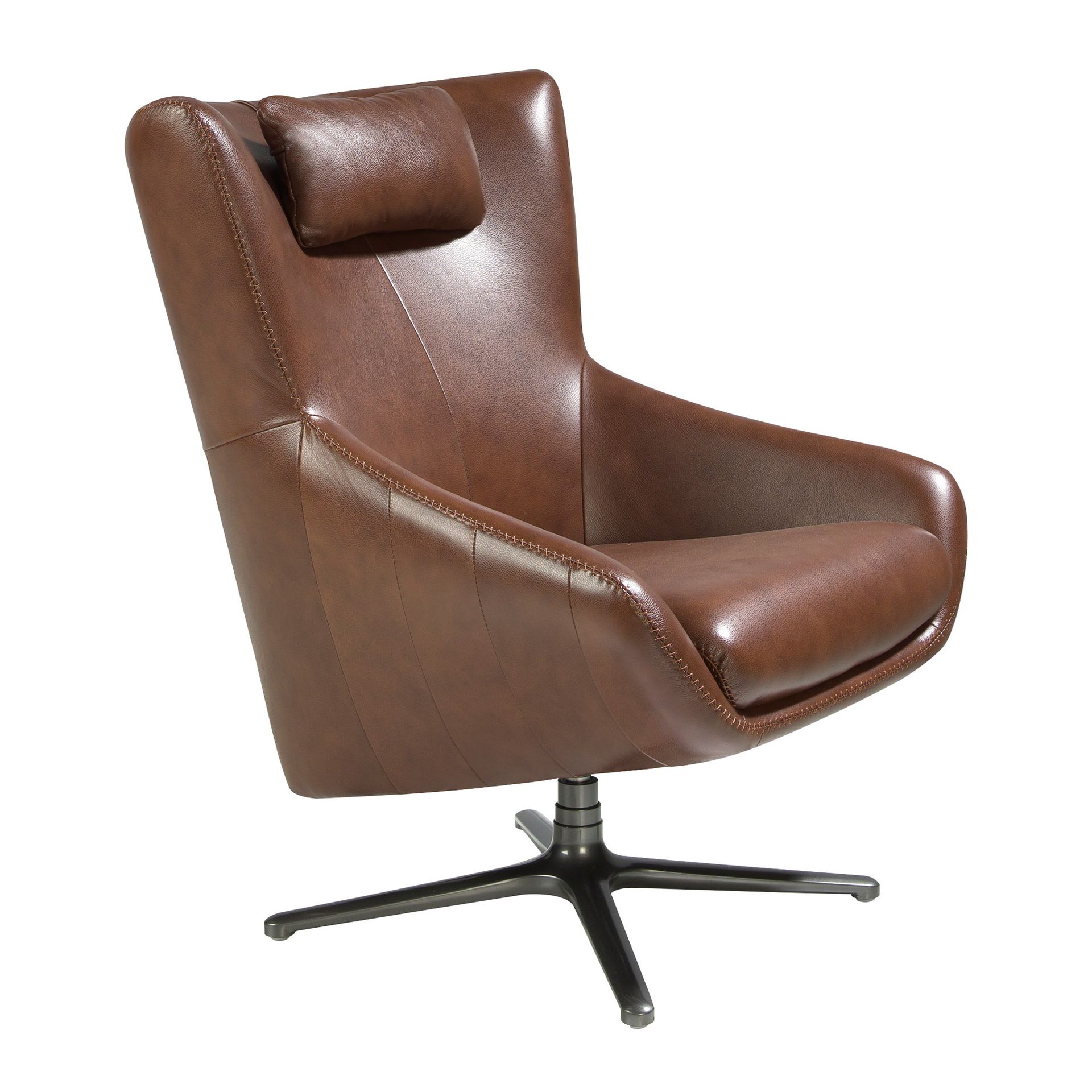 Cognac brown leather swivel armchair